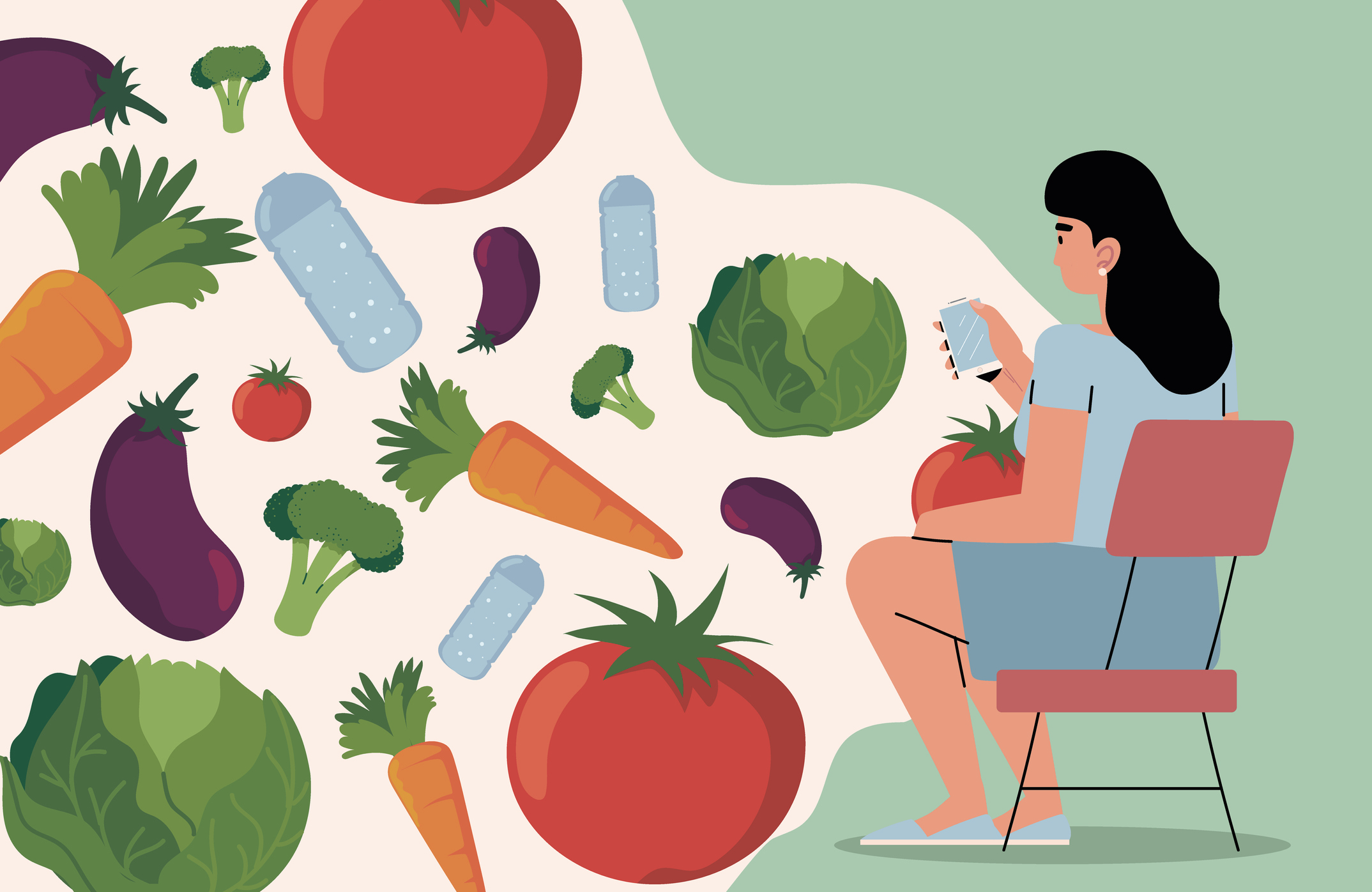 An illustration of a woman sitting with her phone in her hand and contemplating a cloud of huge vegetables.