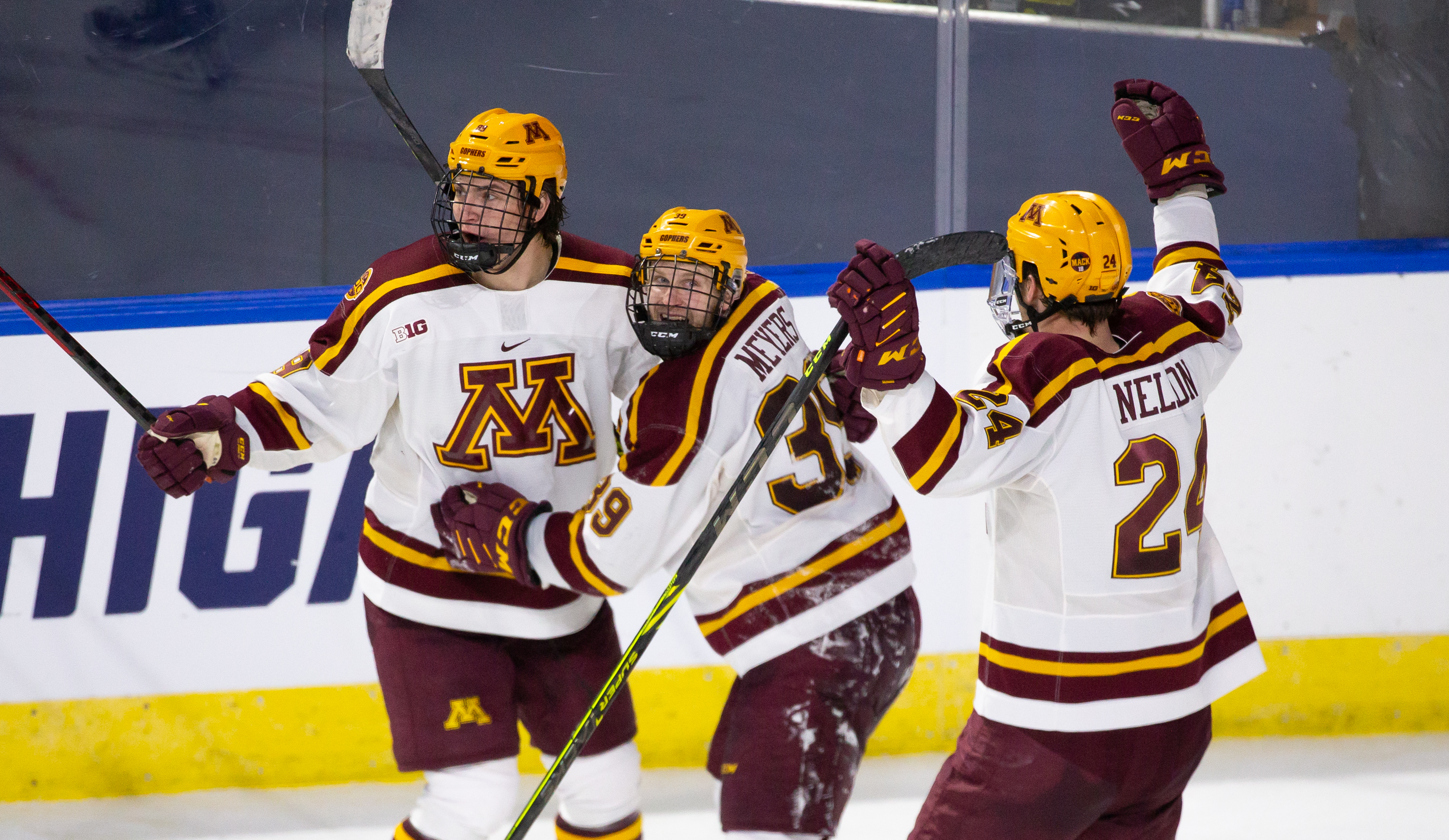 Matthew Knies #89 of the Minnesota Golden Gophers celebrates his goal against the Massachusetts Minutemen with teammates Ben Meyers #39 and Jaxon Nelson #24 during the NCAA Men’s Ice Hockey Northeast Regional game at the DCU Center on March 25, 2022 in Worcester, Massachusetts. The Golden Gophers won 4-3 in overtime.