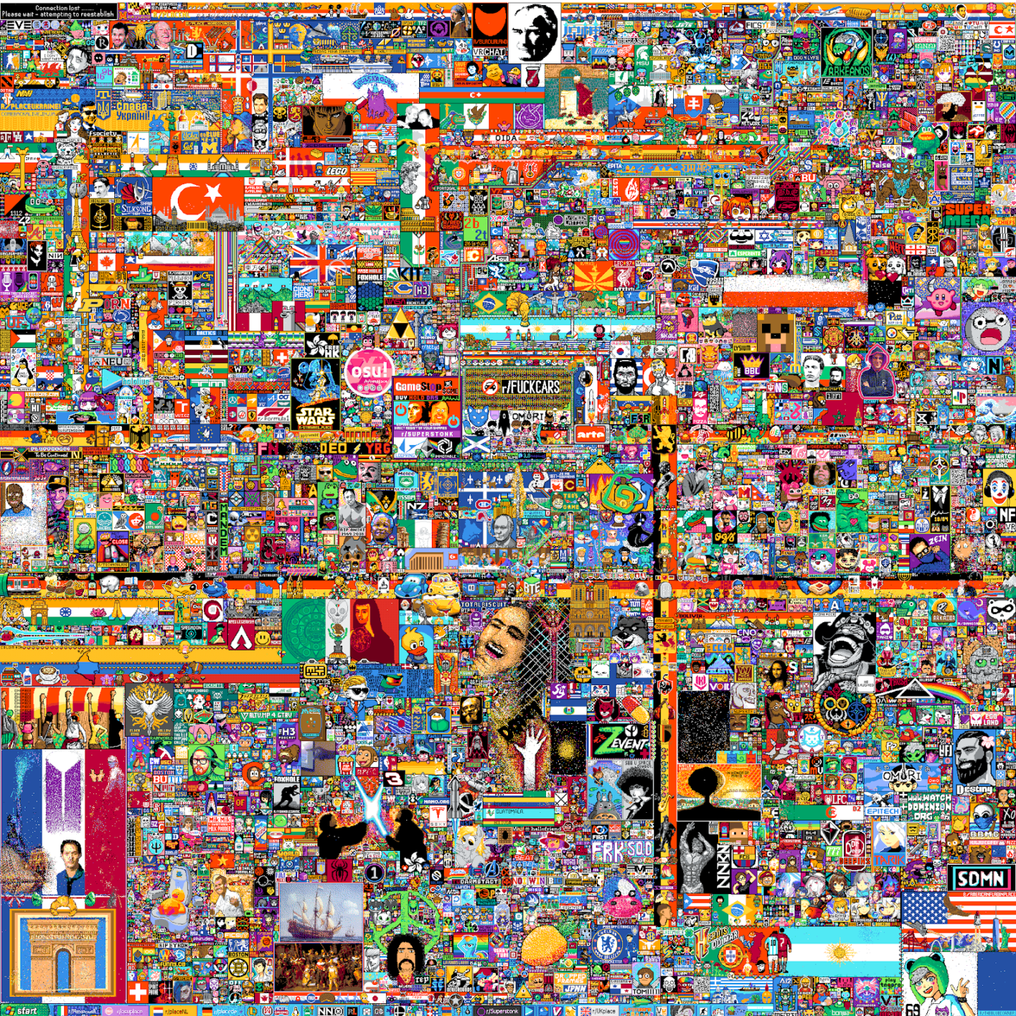 A screenshot of what the r/Place canvas looked like before it was erased.