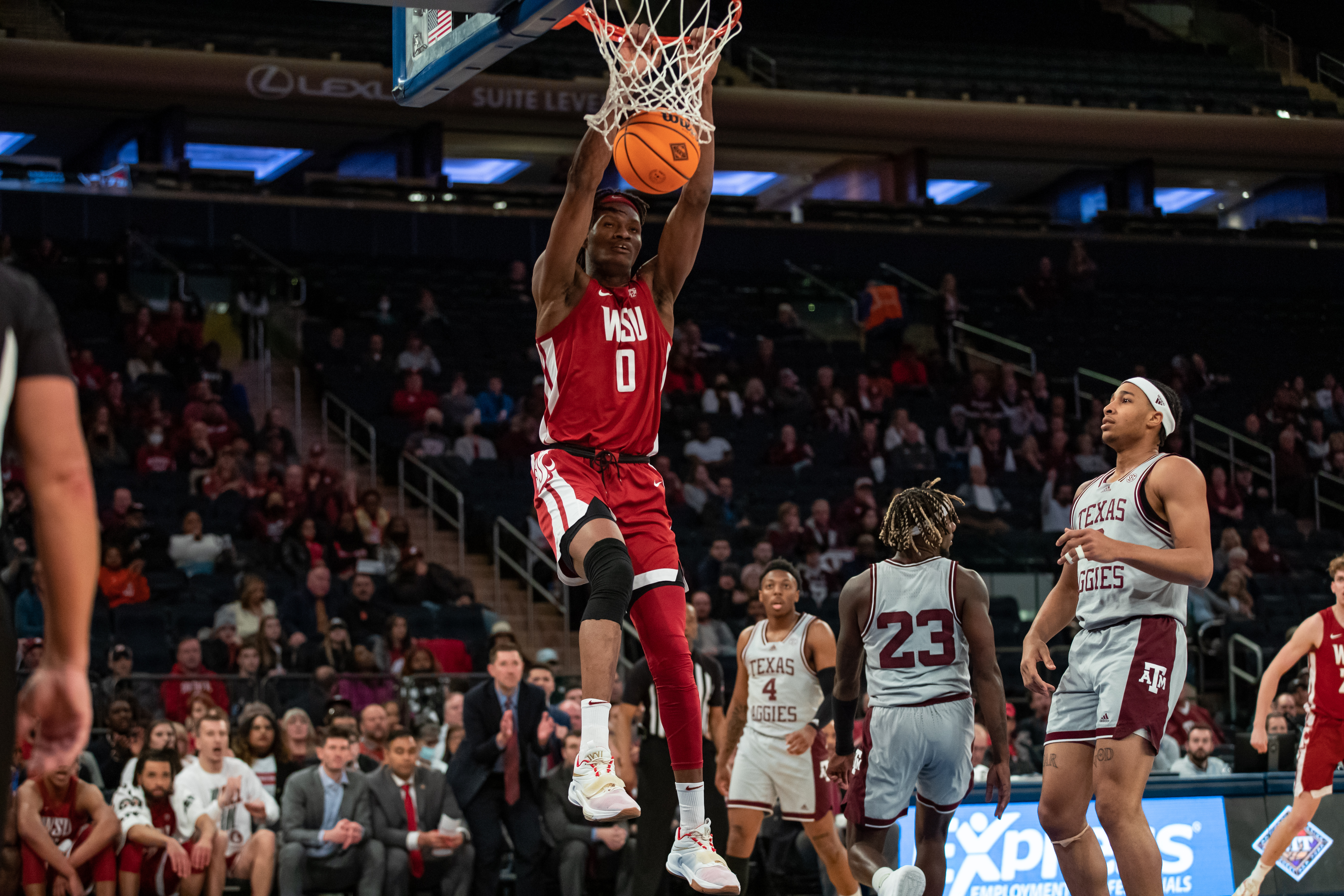 NEW YORK CITY, NY - MARCH 29: Washington State Cougars face off against the Texas A&amp;M Aggies in the NIT Final Four at Madison Square Garden - Washington State forward Efe Abogidi (0)
