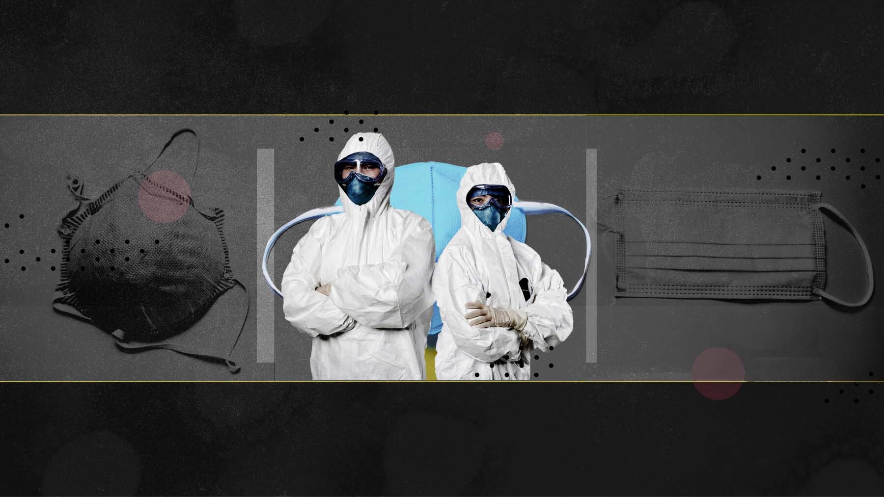 Two health care workers in full PPE — body suit, face mask, and goggles — stand back to back, in front of a stylized image of face masks.