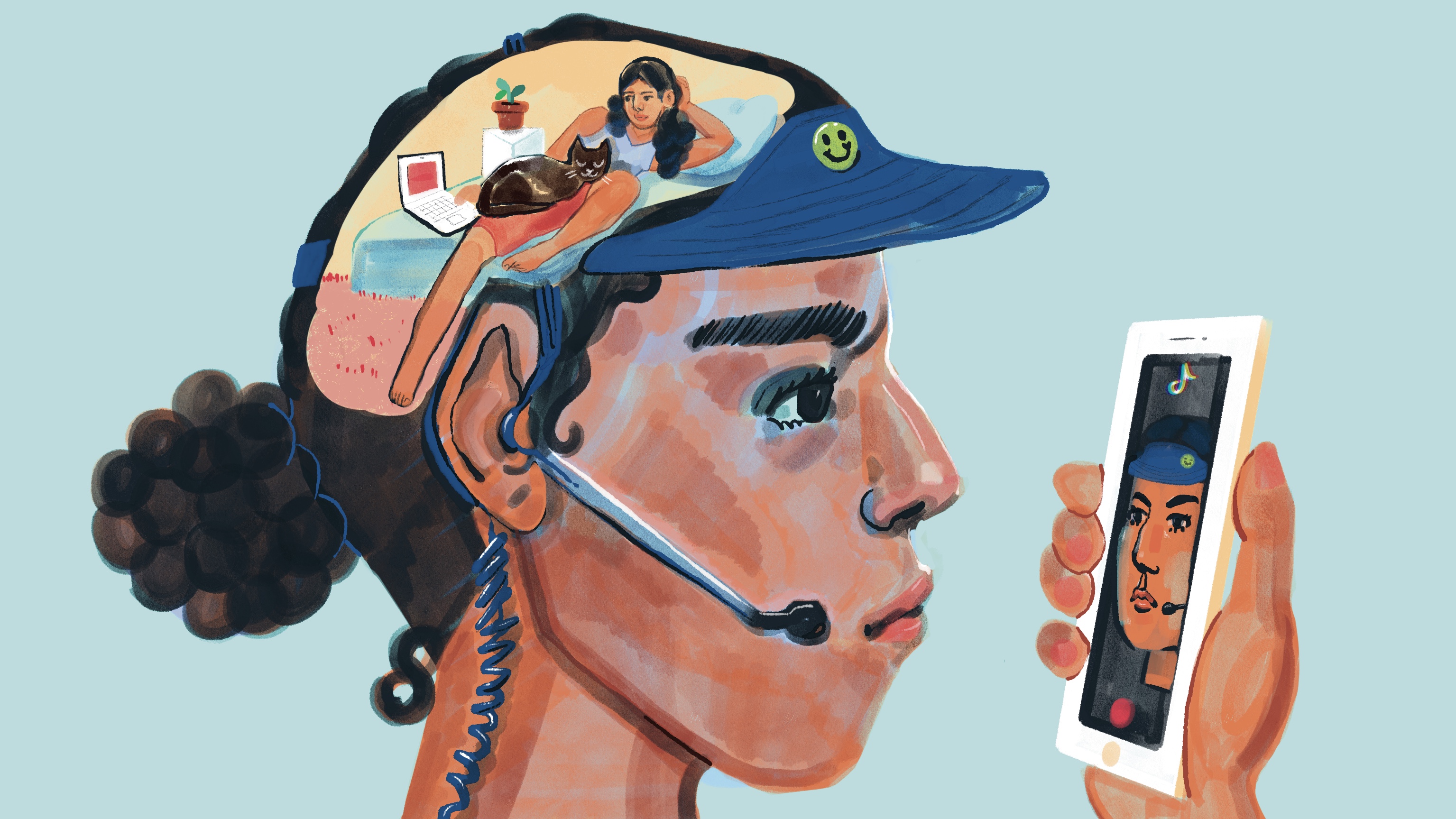 An illustration of a woman, holding a cell phone up to her face while wearing a work hat with microphone headset. We see in her head that she’s thinking about being at home on her couch with her cat and computer.