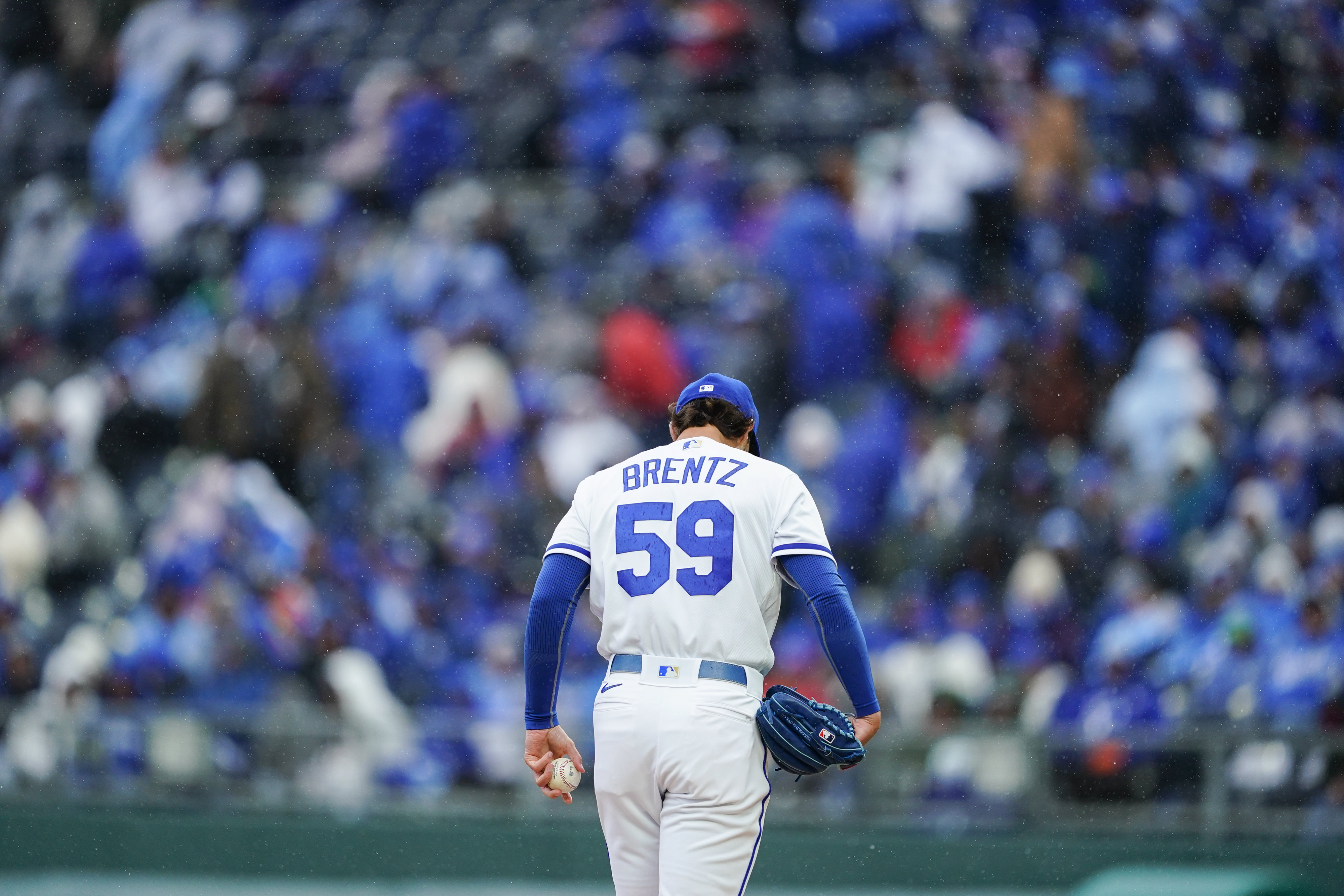 Jake Brentz #59 of the Kansas City Royals pitches against the Cleveland Guardians in the fifth inning during Opening Day at Kauffman Stadium on April 7, 2022 in Kansas City, Missouri.