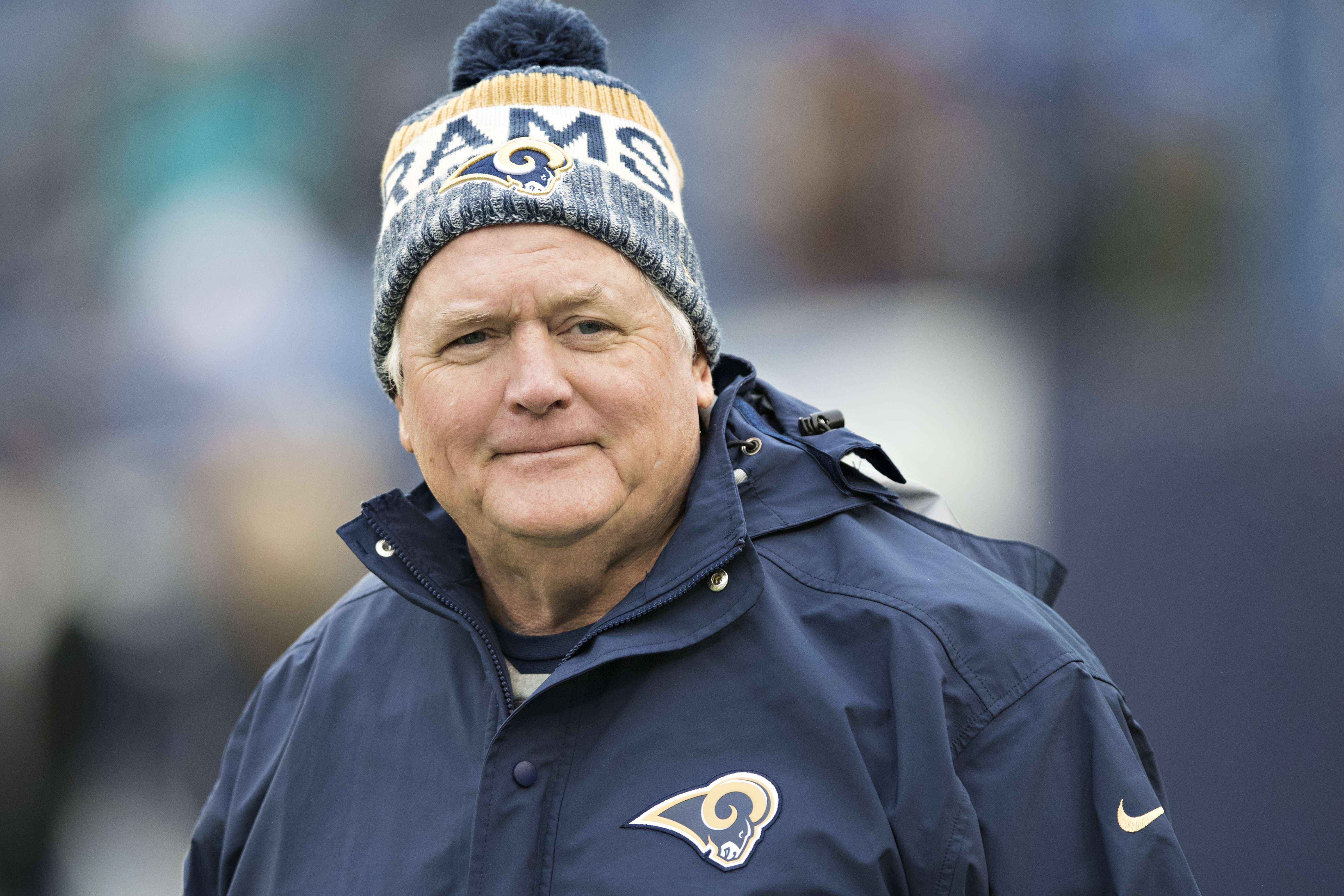 Defensive Coordinator Wade Phillips of the Los Angeles Rams walks onto the field before a game against the Tennessee Titans at Nissan Stadium on December 24, 2017 in Nashville, Tennessee. The Rams defeated the Titans 27-23.