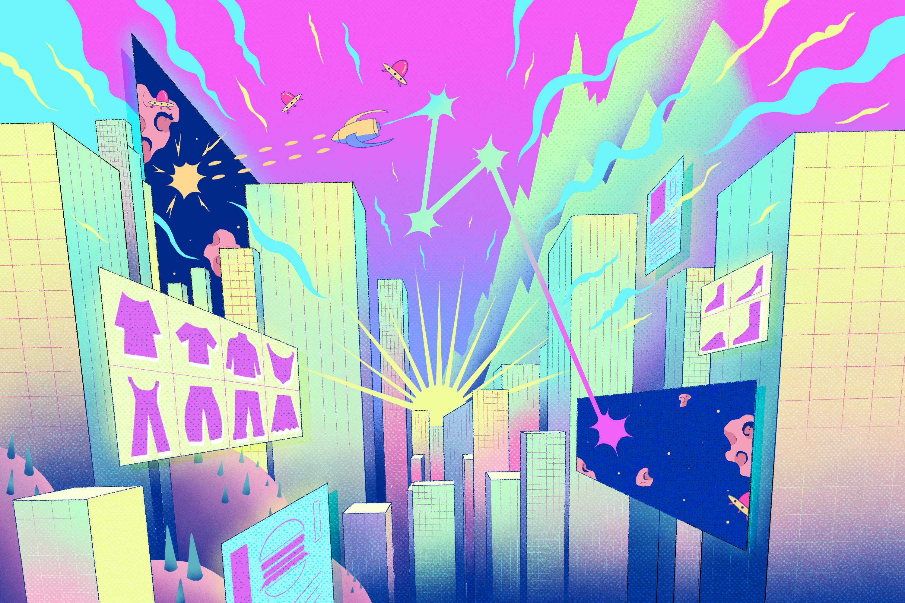 Brightly colored abstract illustration of buildings and billboards against a purple sky