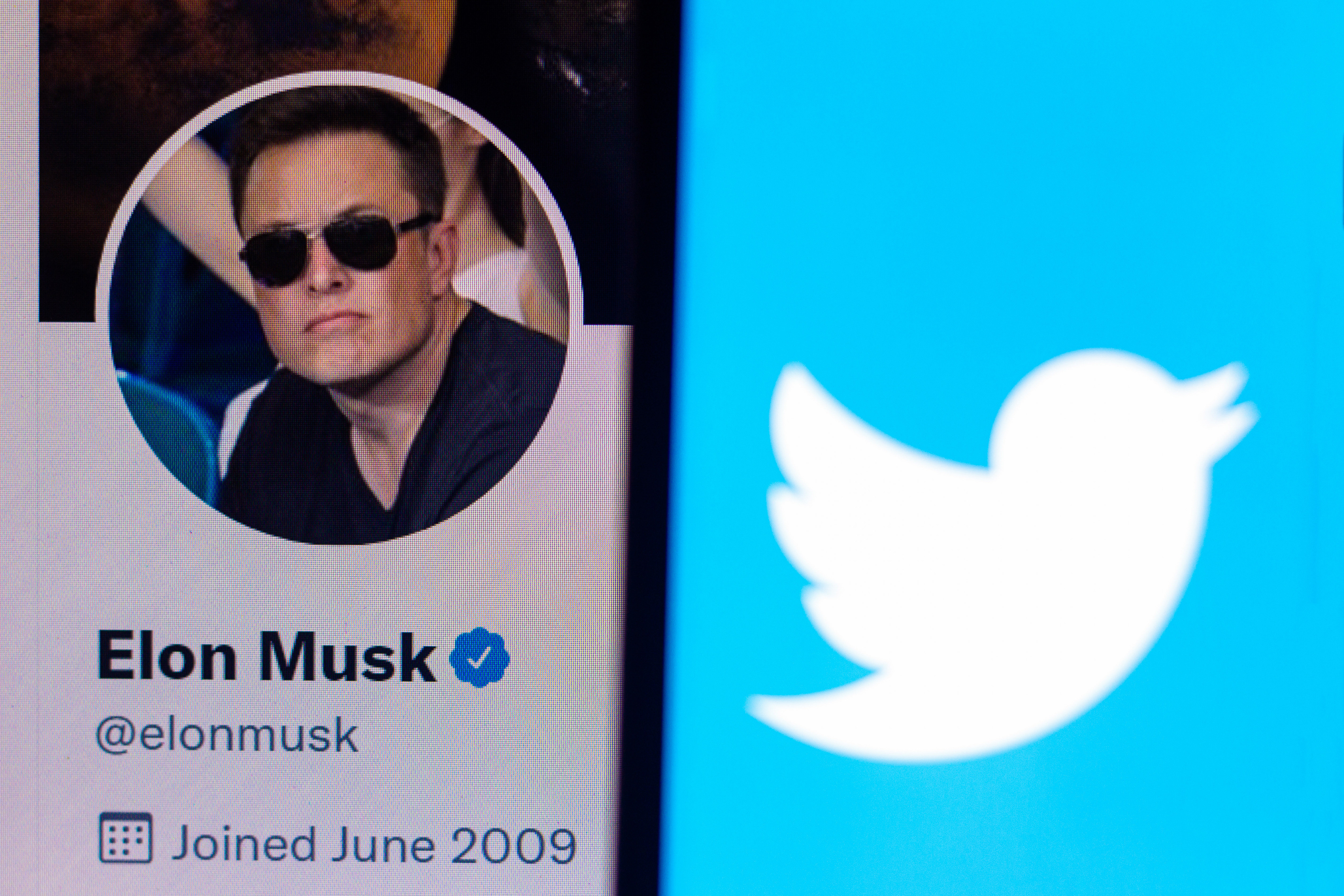 In this photo illustration, the Twitter logo is displayed alongside Elon Musk’s profile picture on his Twitter page.