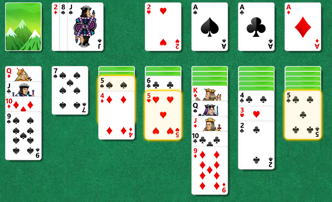 A game of Klondike solitaire in progress, played in Microsoft Solitaire Collection.