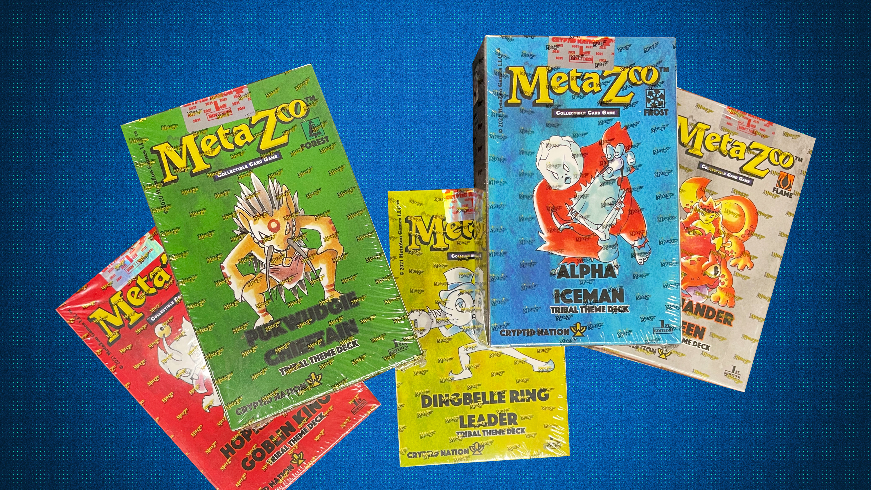 MetaZoo card packs set in front of a background