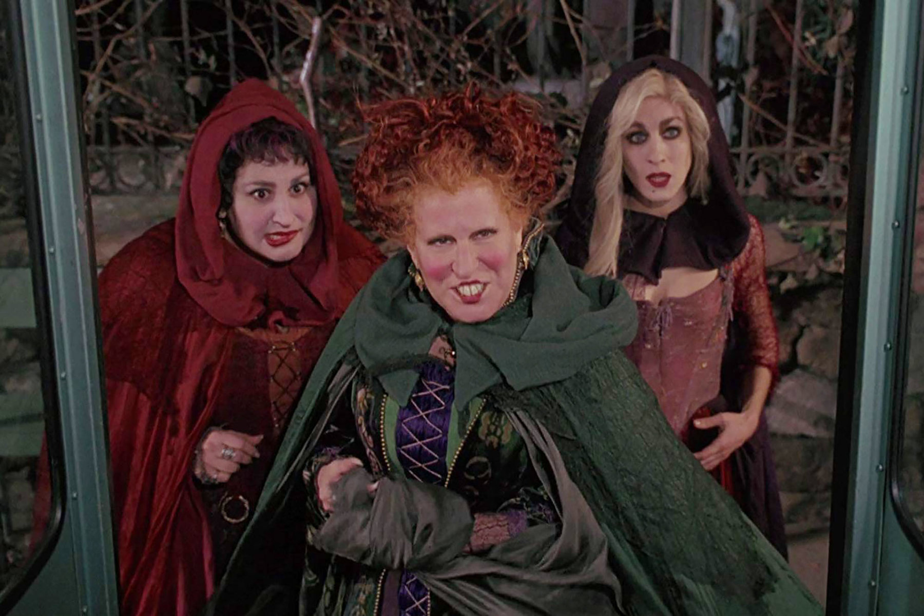 Bette Midler, Kathy Najimy, and Sarah Jessica Parker as the Sanderson sisters in Hocus Pocus.