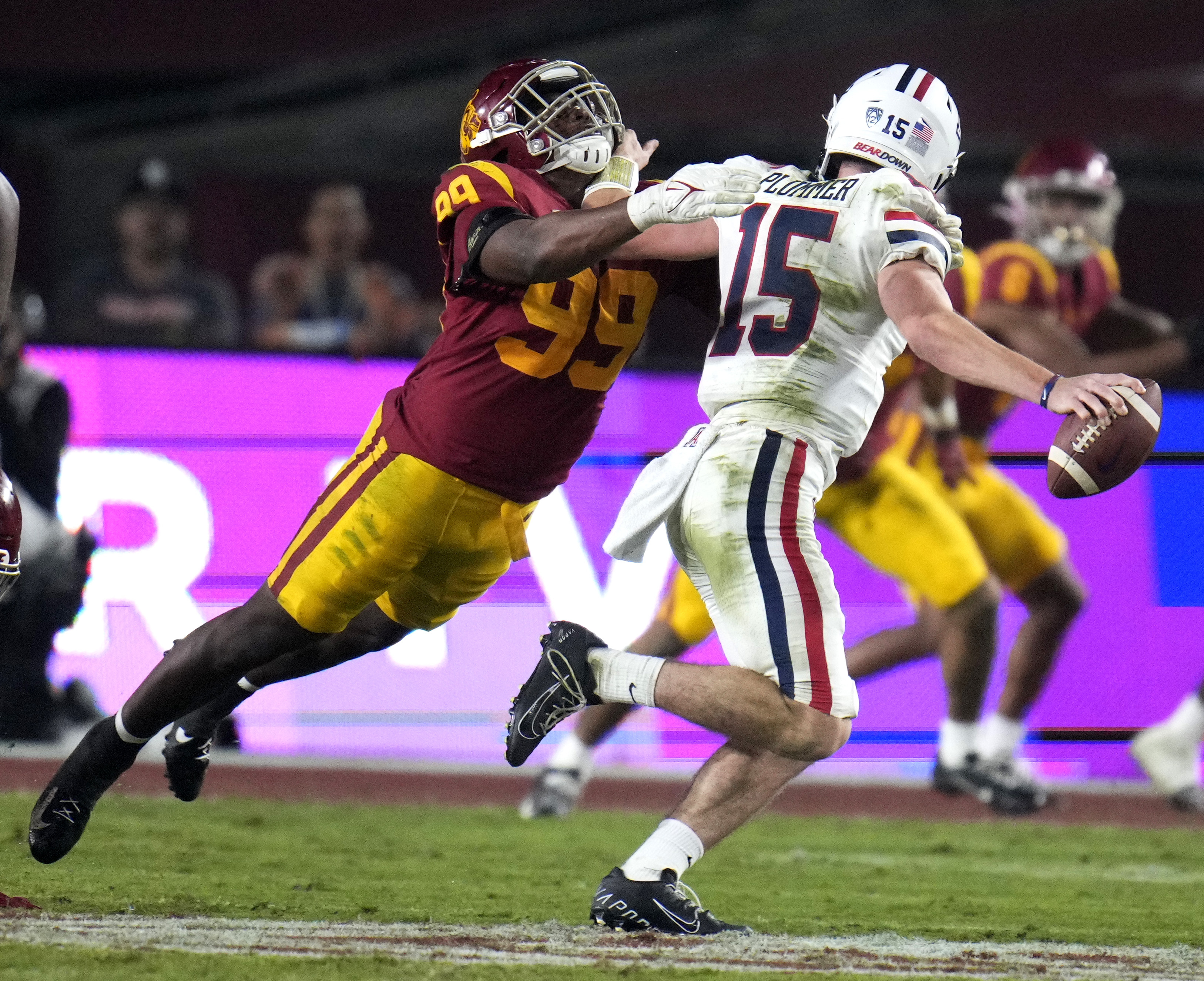USC Trojans defeats the Arizona Wildcats 41-34 during a NCAA football game at the Los Angeles Memorial Coliseum in Los Angeles.