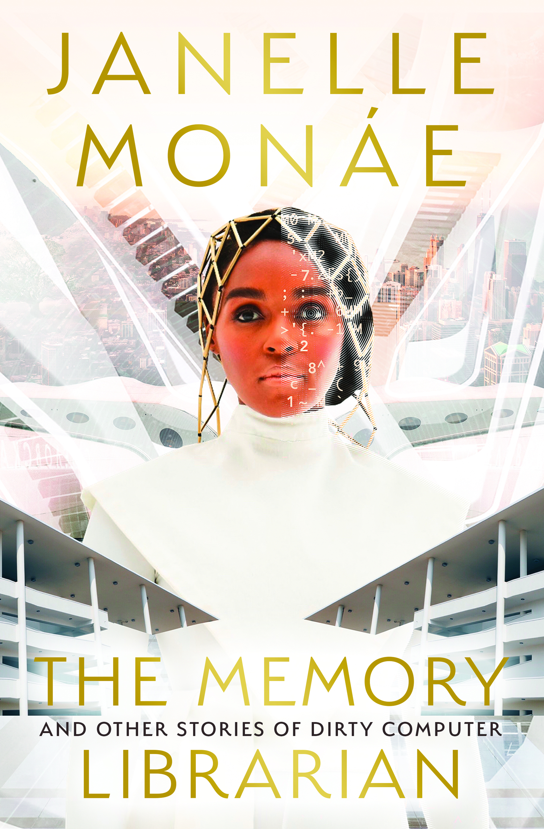 Detail from the cover of Janelle Monáe’s book The Memory Librarian, picturing Monáe in white, wearing a golden headdress consisting of interconnected triangles, with an overlay of keyboard symbols and numbers superimposed above her face