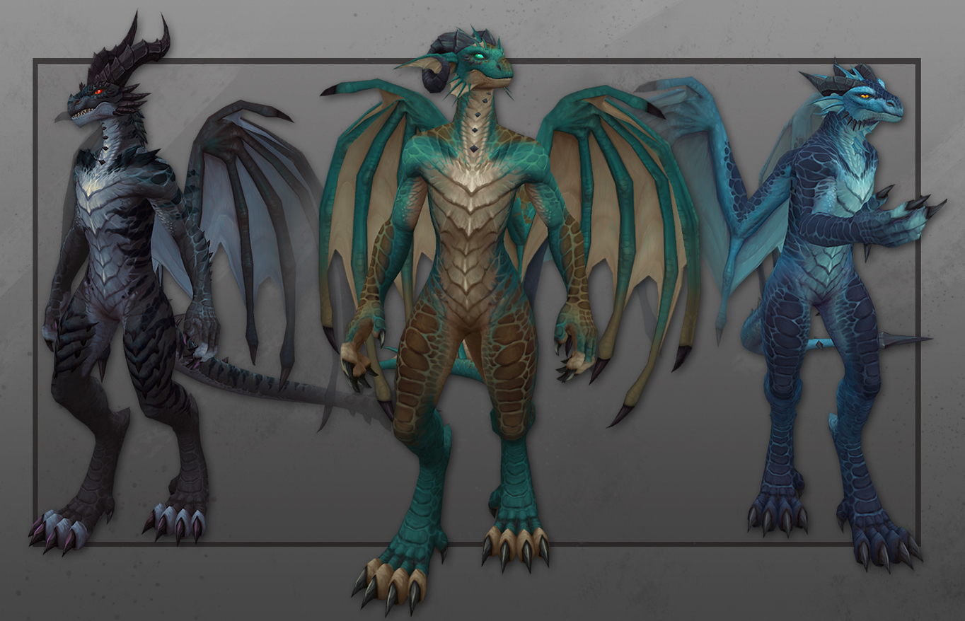 Three Dracthyr stand against a gray background