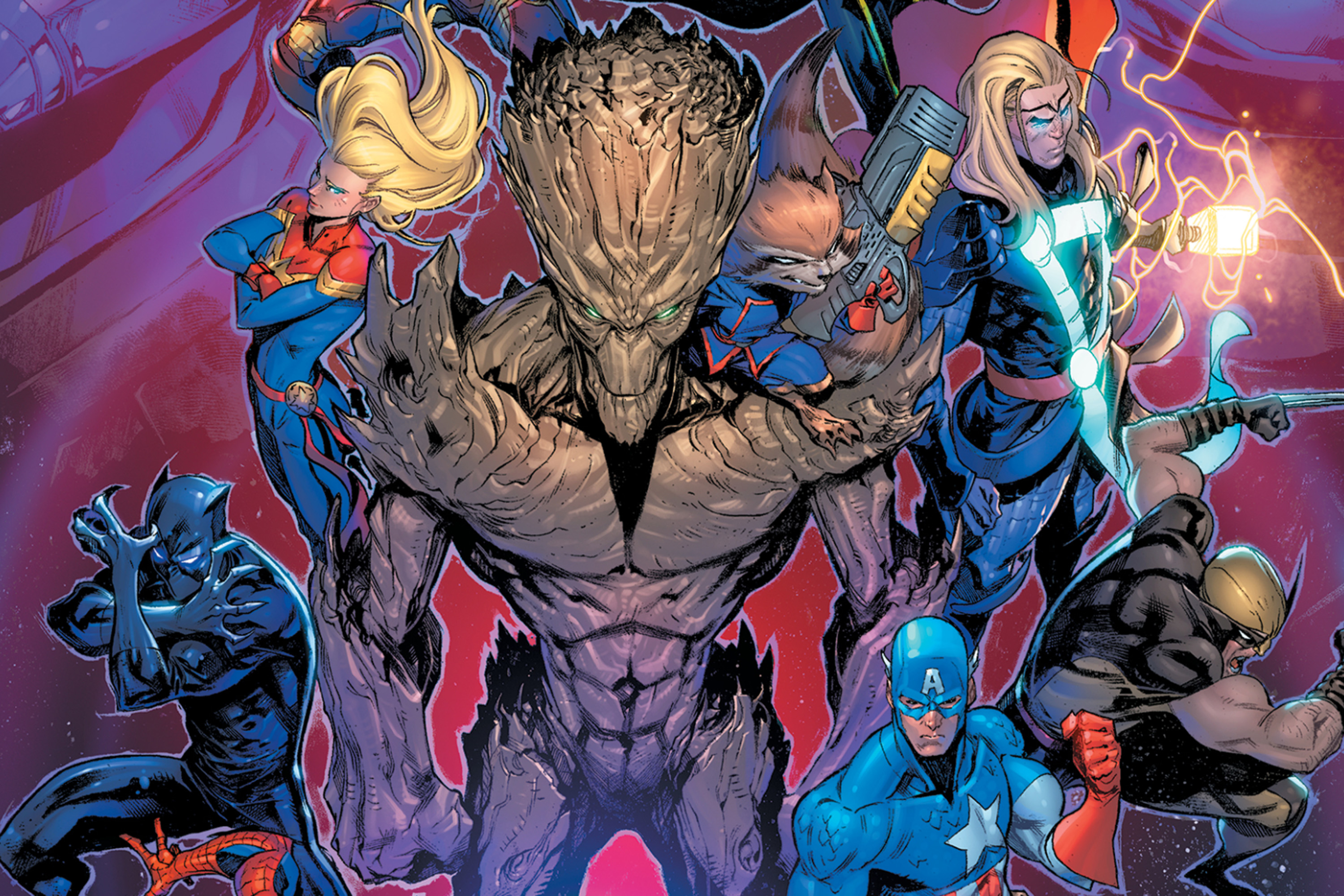 Groot, Rocket, Thor, Captains America and Marvel, Black Panther, and some guy with claws for hands pose for a picture.