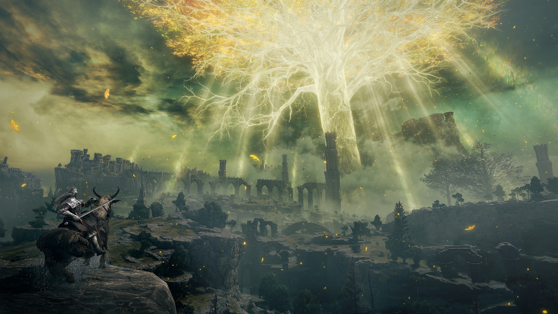 a tarnished looks upon the erdtree in the distance in elden ring 