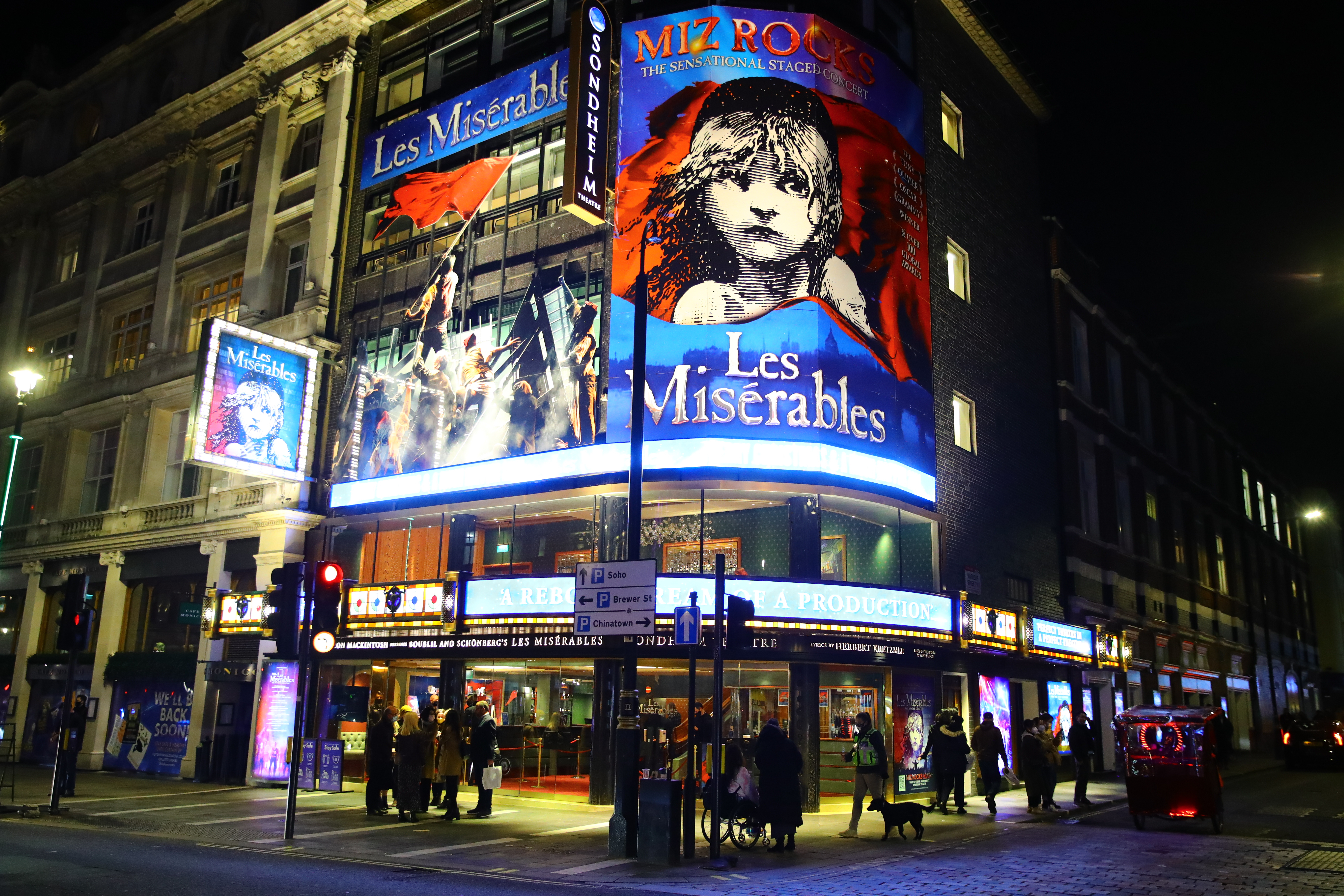 The lit marquee for the Broadway show “Les Miserables.”
