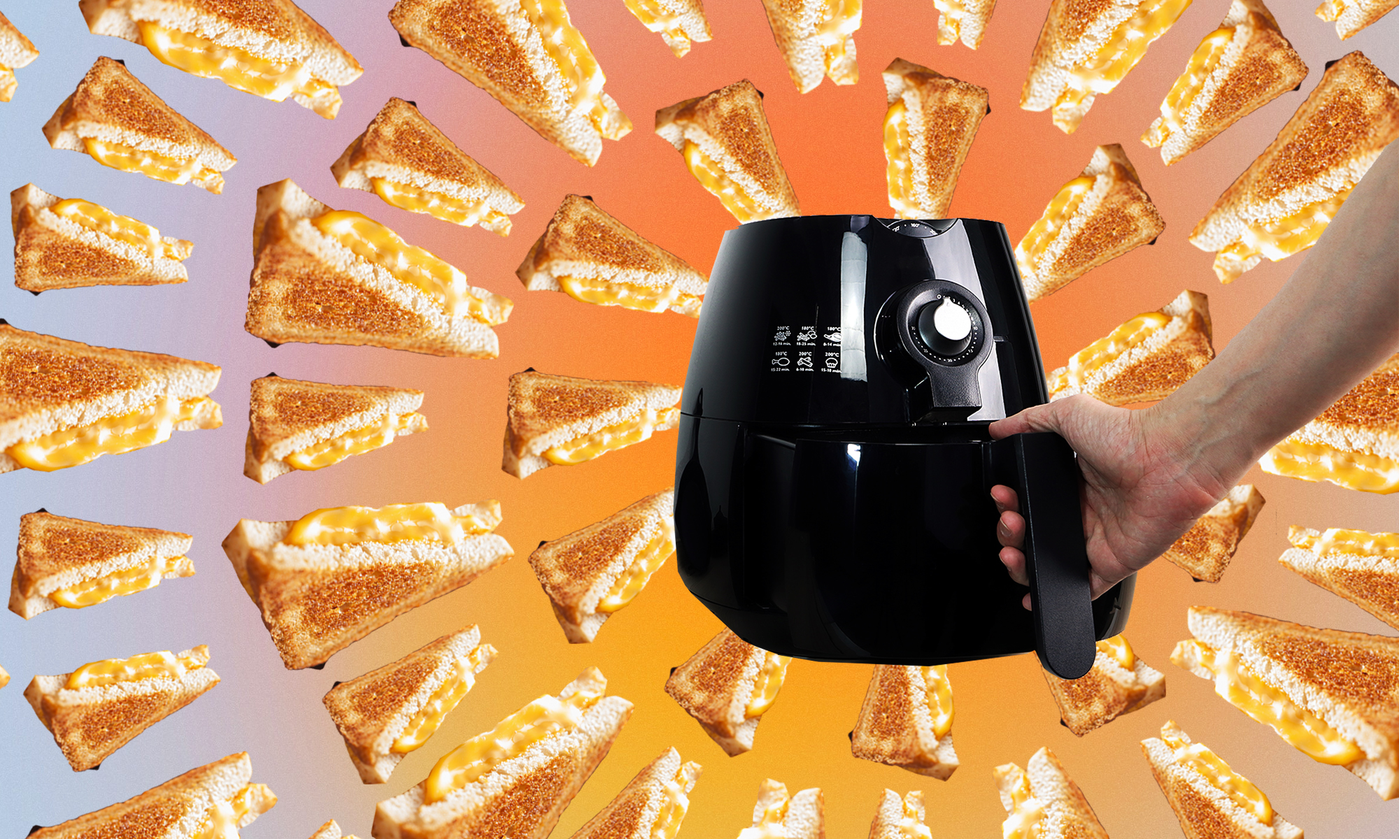 Photo-illustration of a hand opening an air fryer with grilled cheese sandwiches arrayed in a circle outside it.