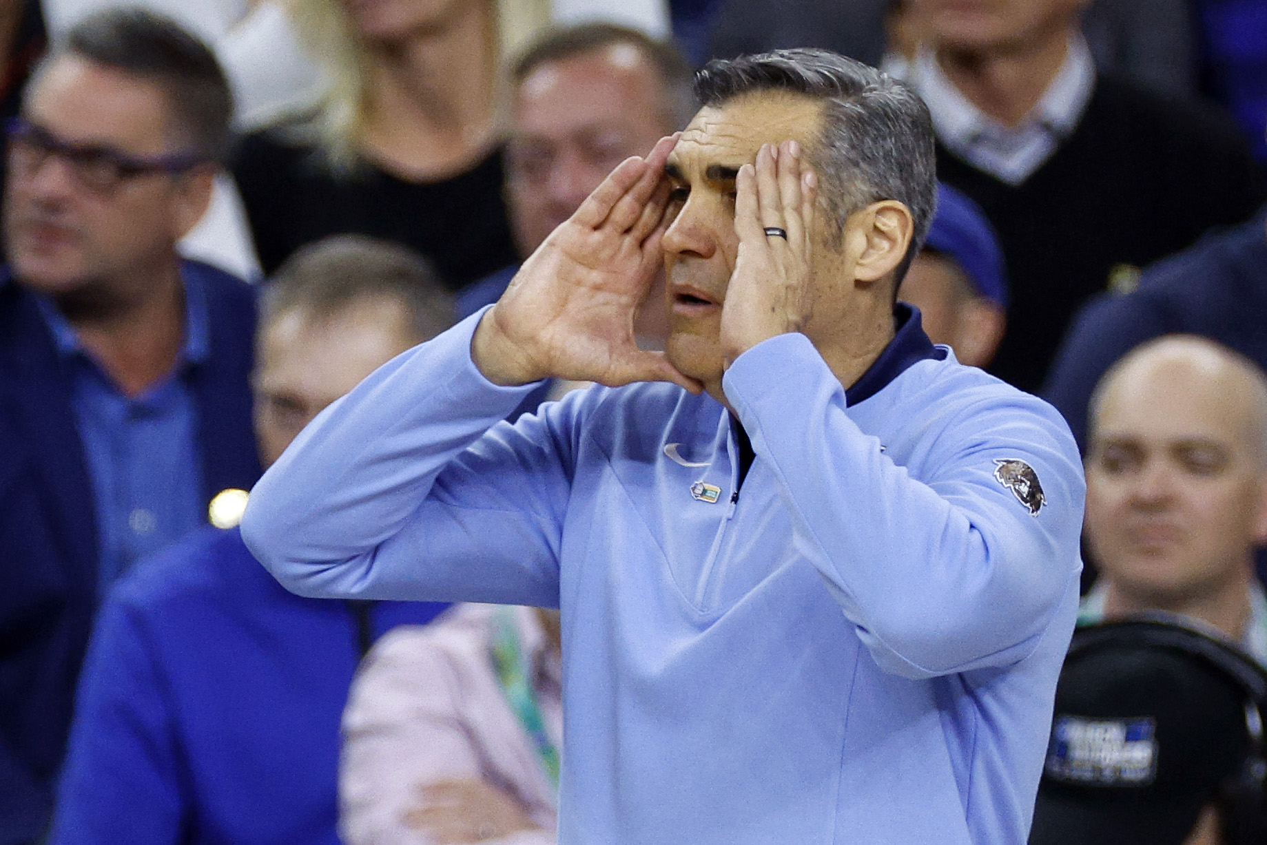 Head coach Jay Wright of the Villanova Wildcats reacts in the second half of the game against the Kansas Jayhawks during the 2022 NCAA Men’s Basketball Tournament Final Four semifinal at Caesars Superdome on April 02, 2022 in New Orleans, Louisiana.
