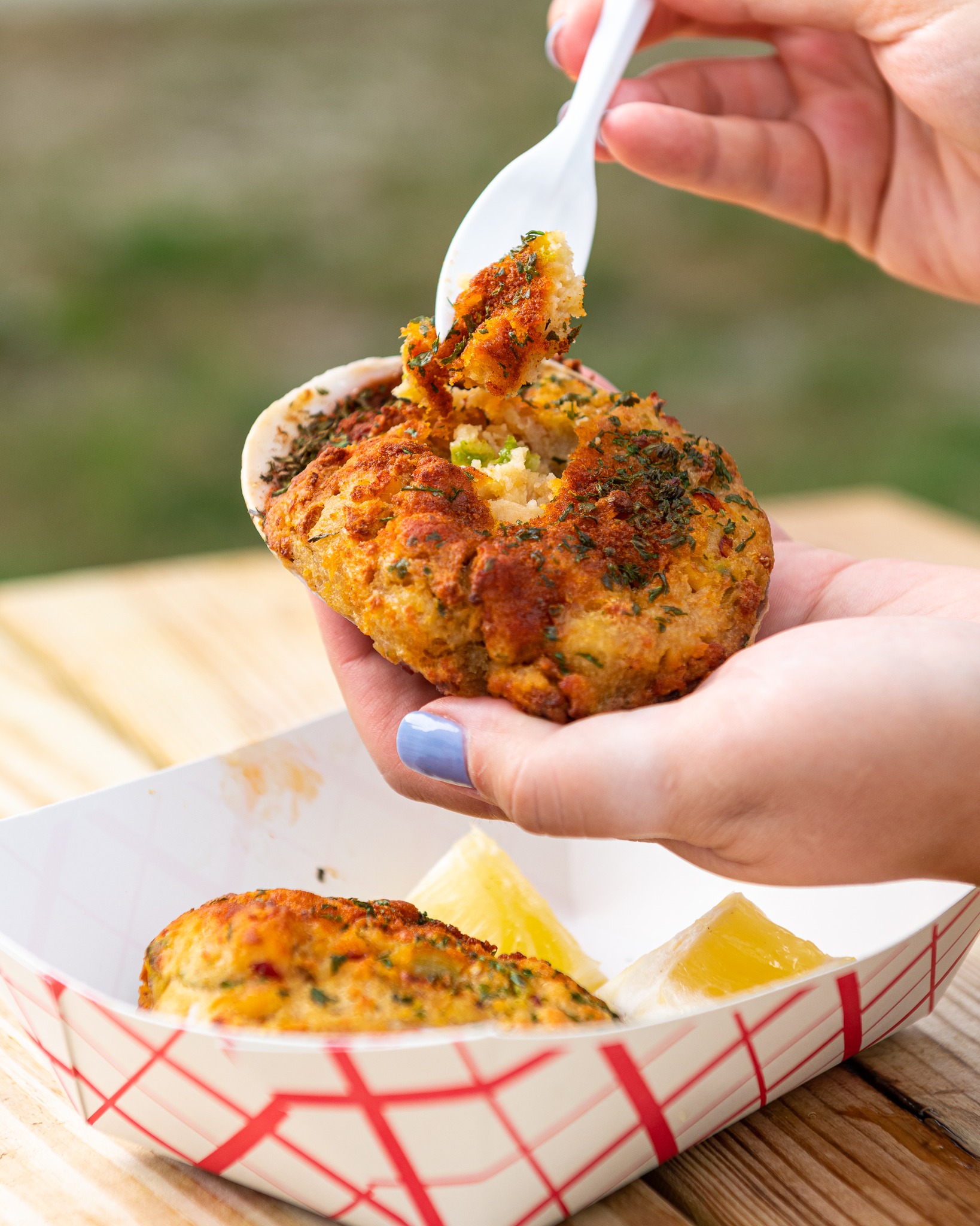 A hand holds up a stuffed quahog shell, using a plastic spoon to grab some of the stuffing.