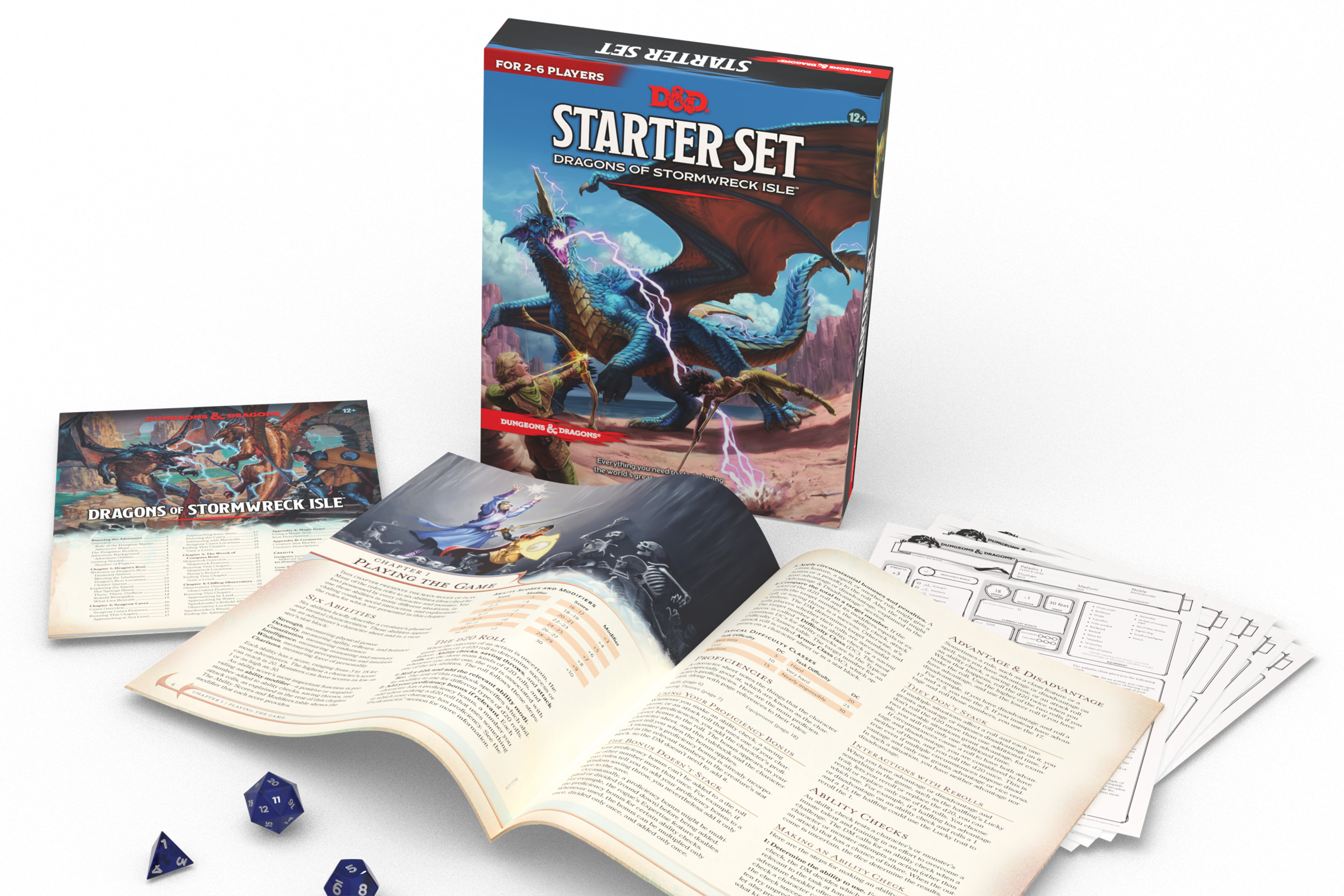 A box, two pamphlets, some dice, and a few slips of paper included in the Dungeons &amp; Dragons: Dragons of Stormwreck Isle set. 