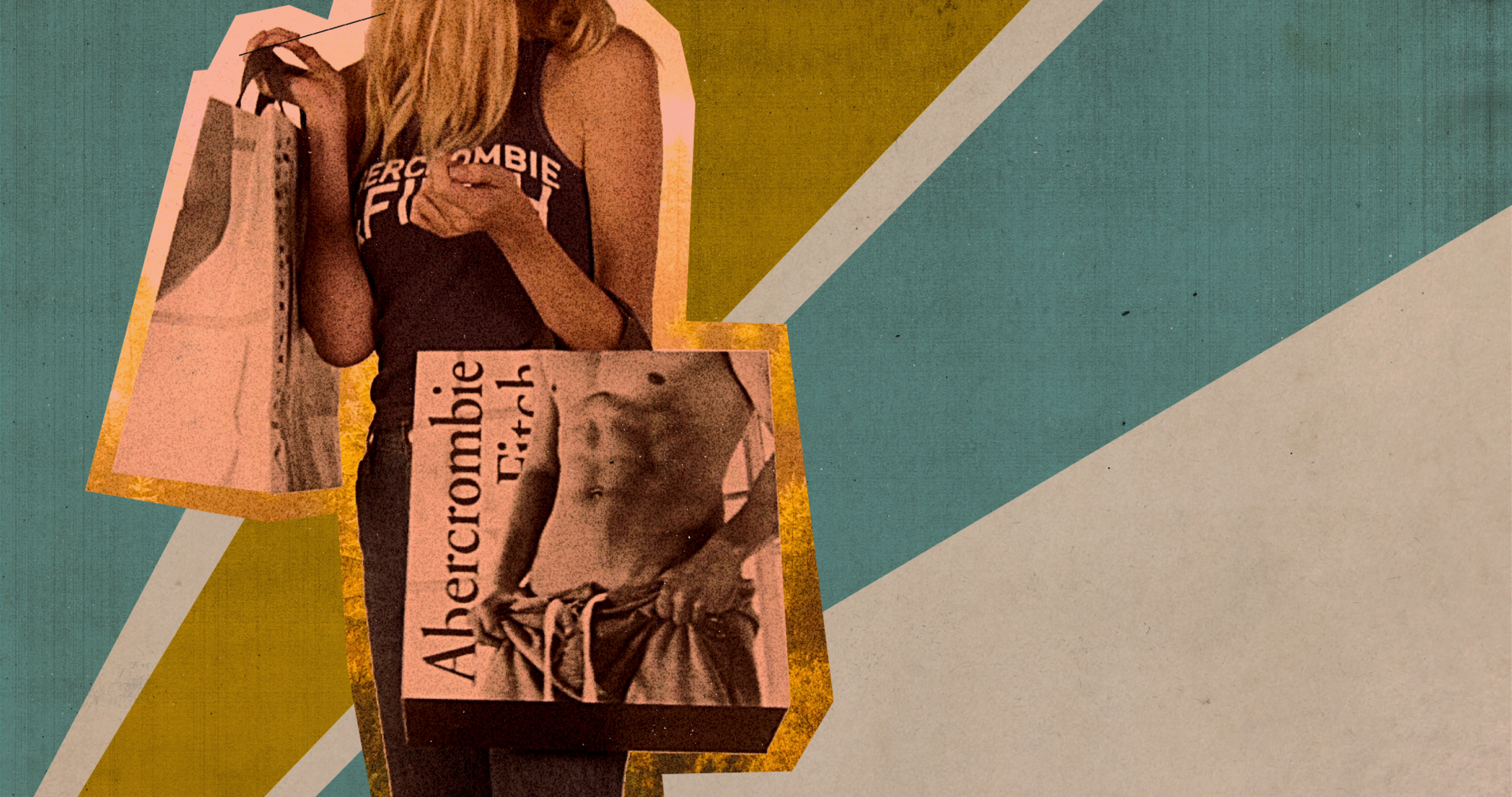 A collage image featuring the torso of a young woman holding an Abercrombie &amp; Fitch bag with an image of a young man’s abs on it.