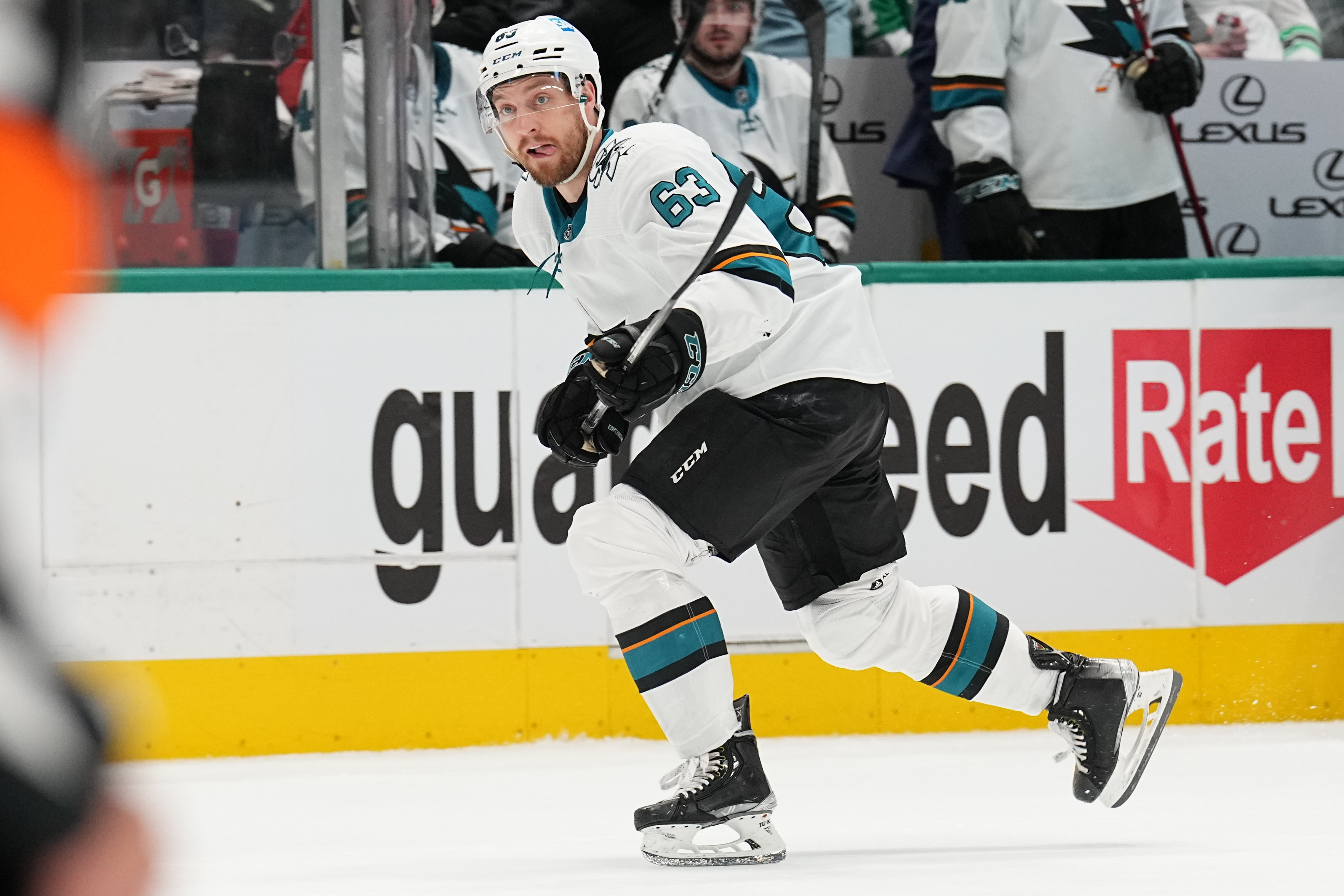 Jeffrey Viel #63 of the San Jose Sharks skates against the Dallas Stars at the American Airlines Center on April 16, 2022 in Dallas, Texas.
