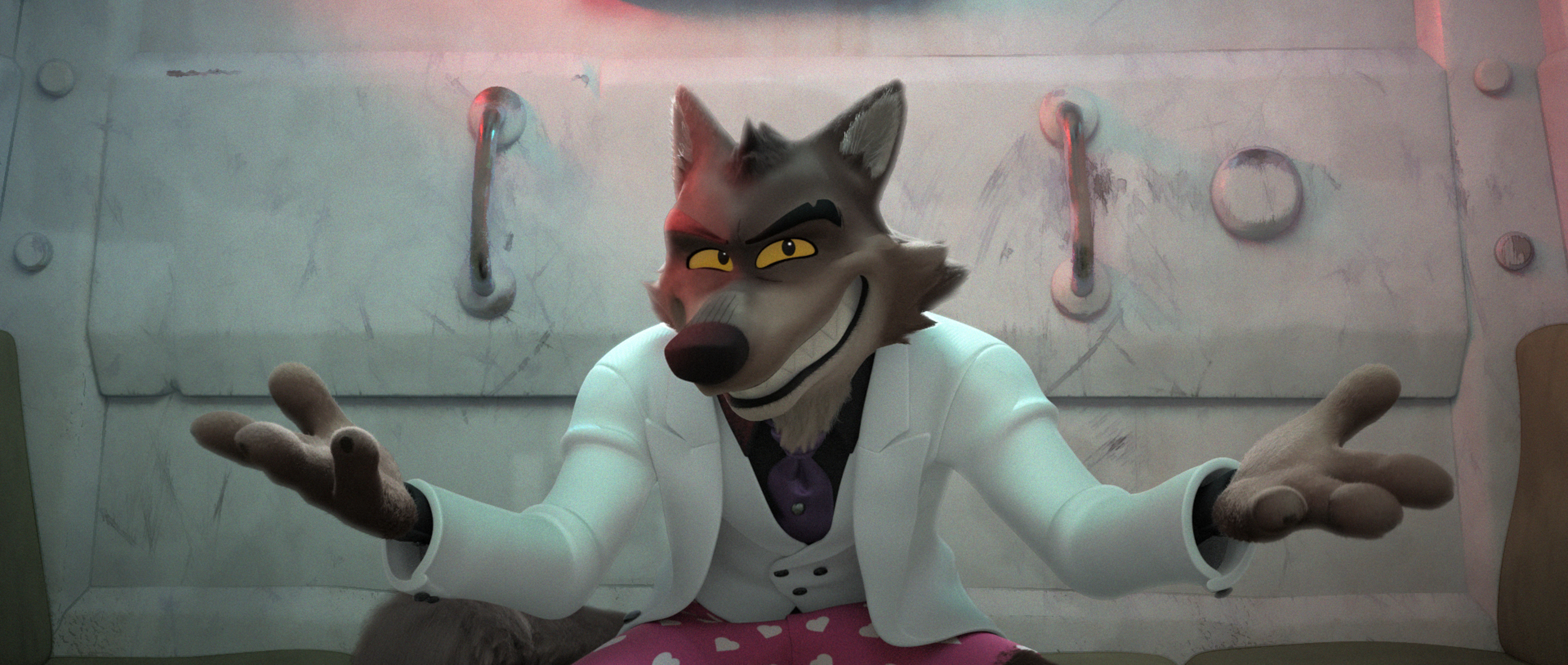 Mr. Wolf in a snazzy white suit in the back of a police car
