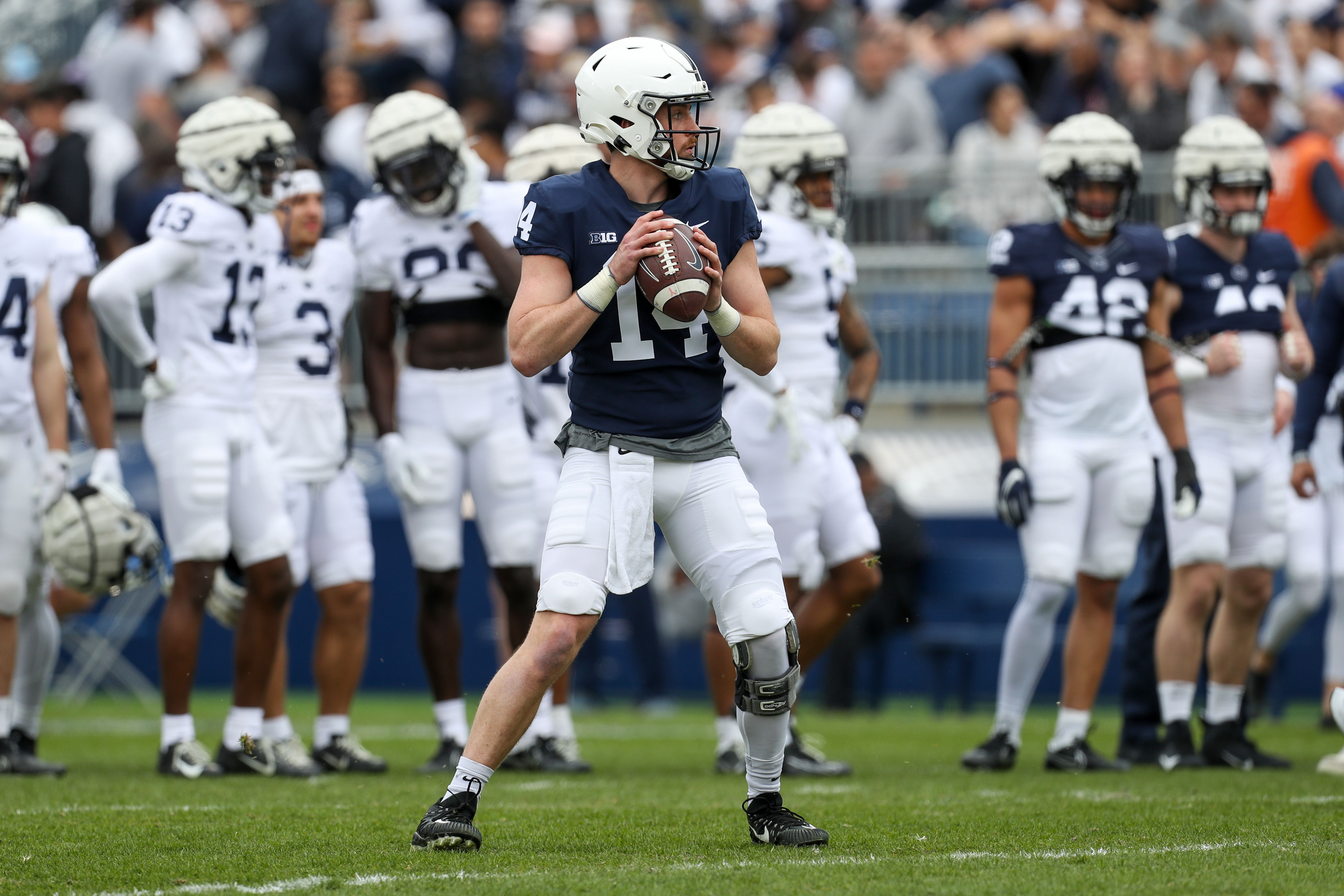 Penn State Nittany Lions quarterback Sean Clifford (14) looks to throw a pass during a warm up prior to the Blue White spring game at Beaver Stadium.