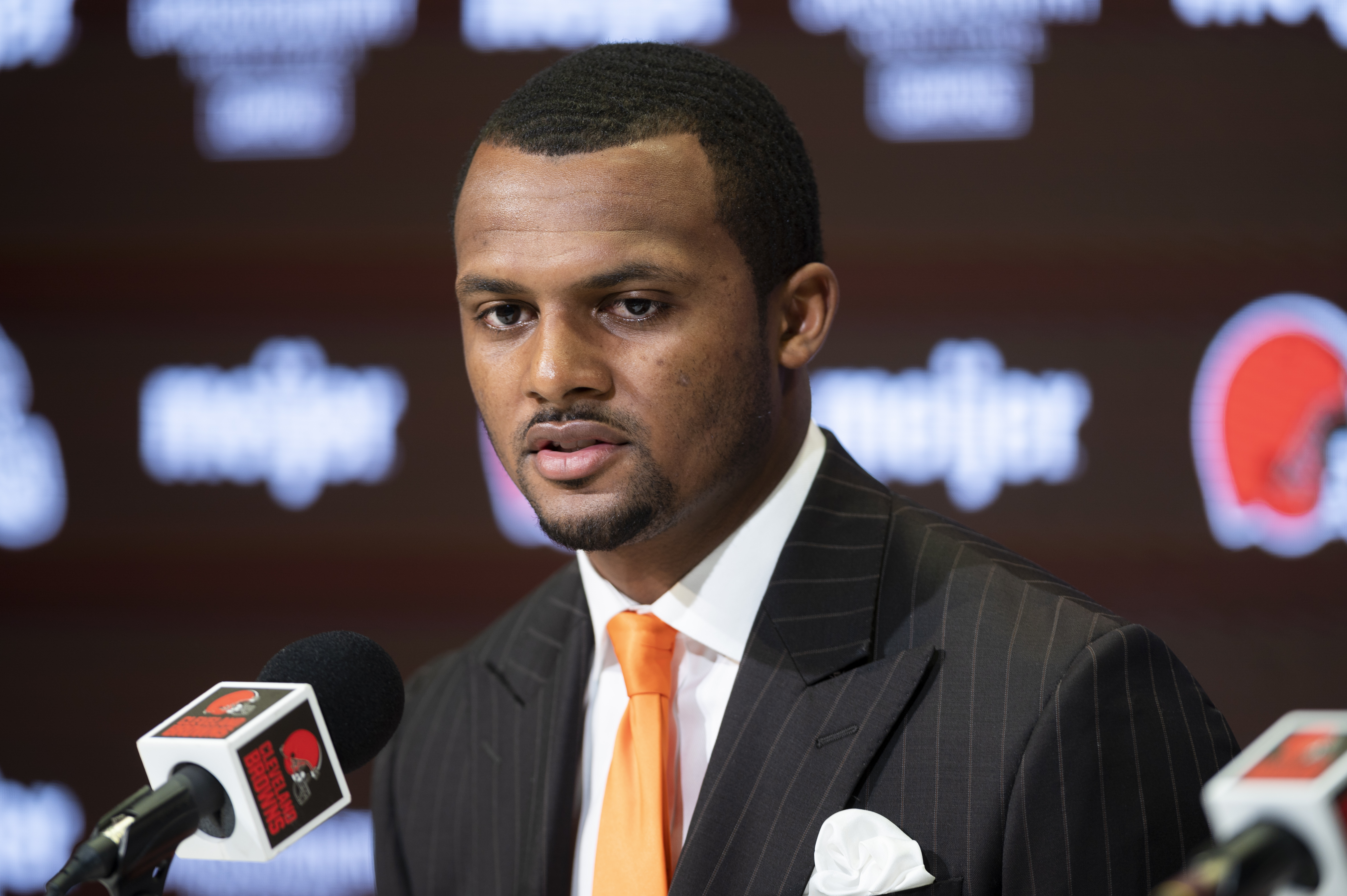 Cleveland Browns quarterback Deshaun Watson talks with the media during a press conference at the CrossCountry Mortgage Campus.