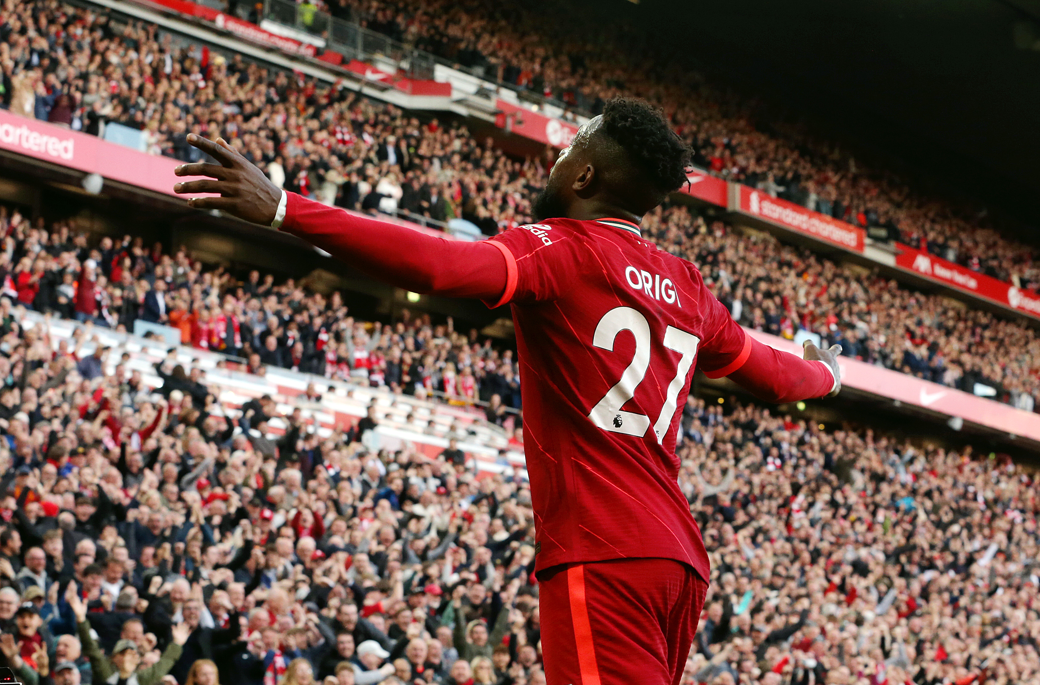 Liverpool’s Divock Origi celebrates scoring his side’s second goal during the Premier League match between Liverpool and Everton at Anfield on April 24, 2022 in Liverpool, United Kingdom.