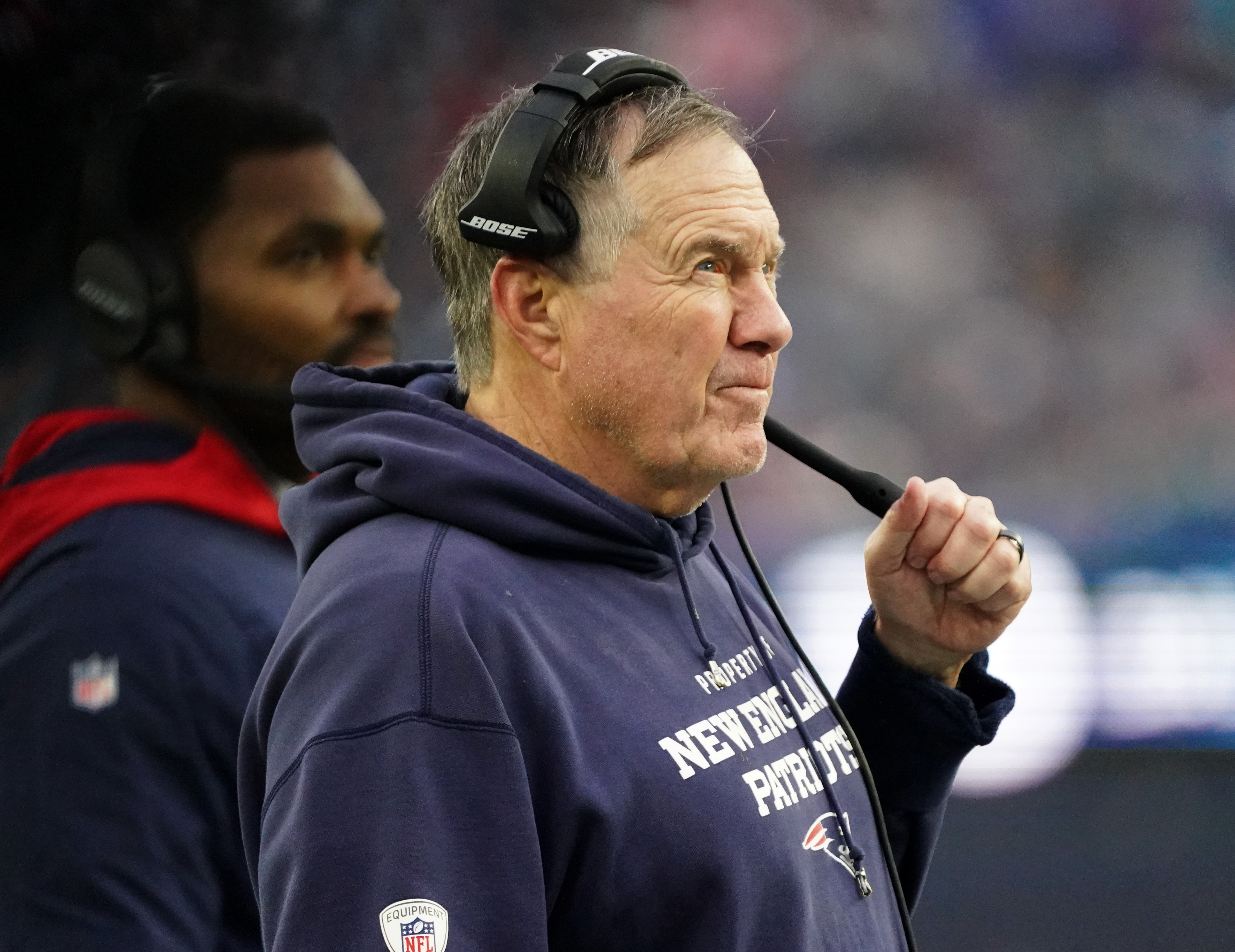 New England Patriots head coach Bill Belichick watches from the sideline as they take on the Jacksonville Jaguars in the second half at Gillette Stadium.