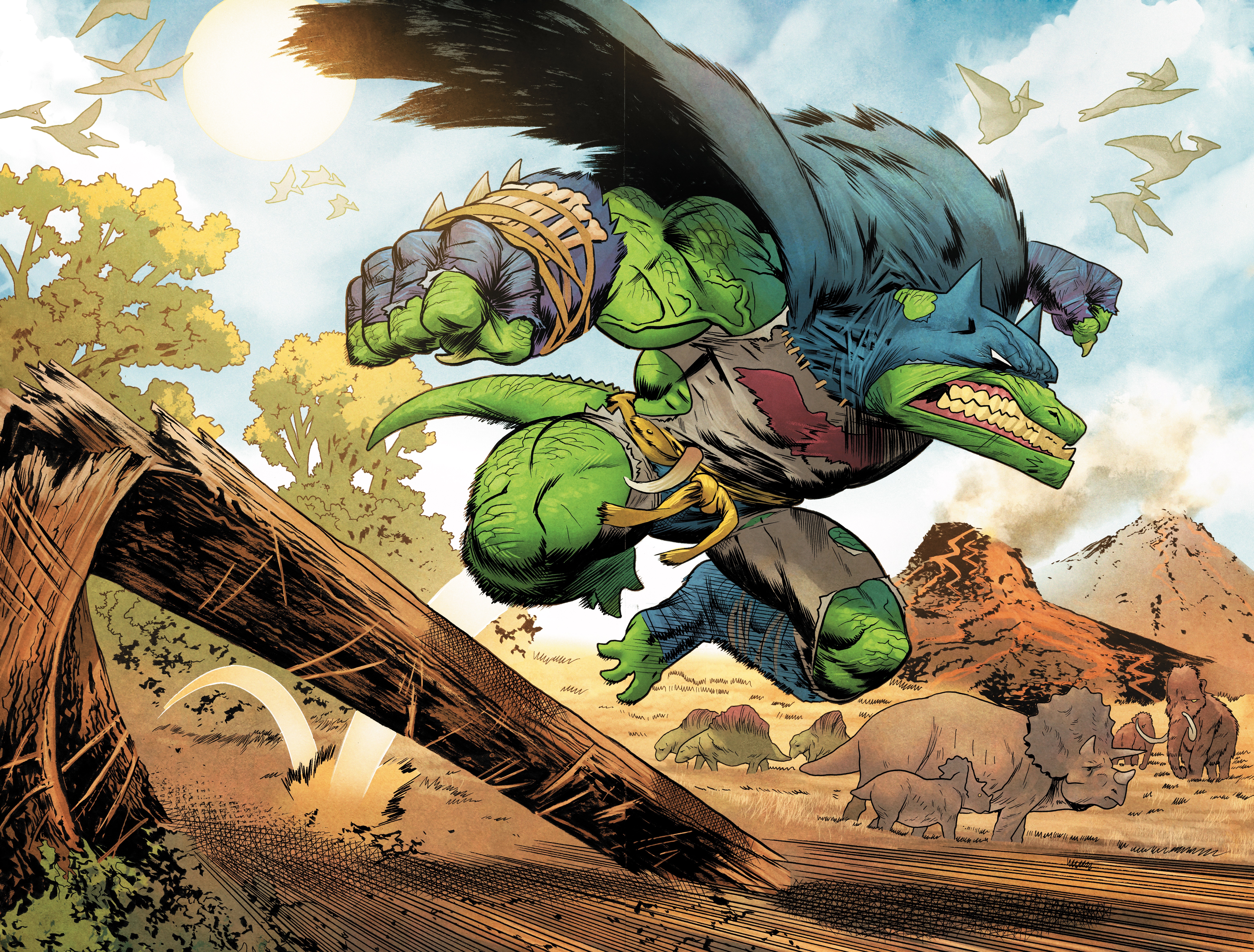 Batman, a green anthropomorphic allosaurus in a Batman costume, leaps across the prehistoric plains in Jurassic League.