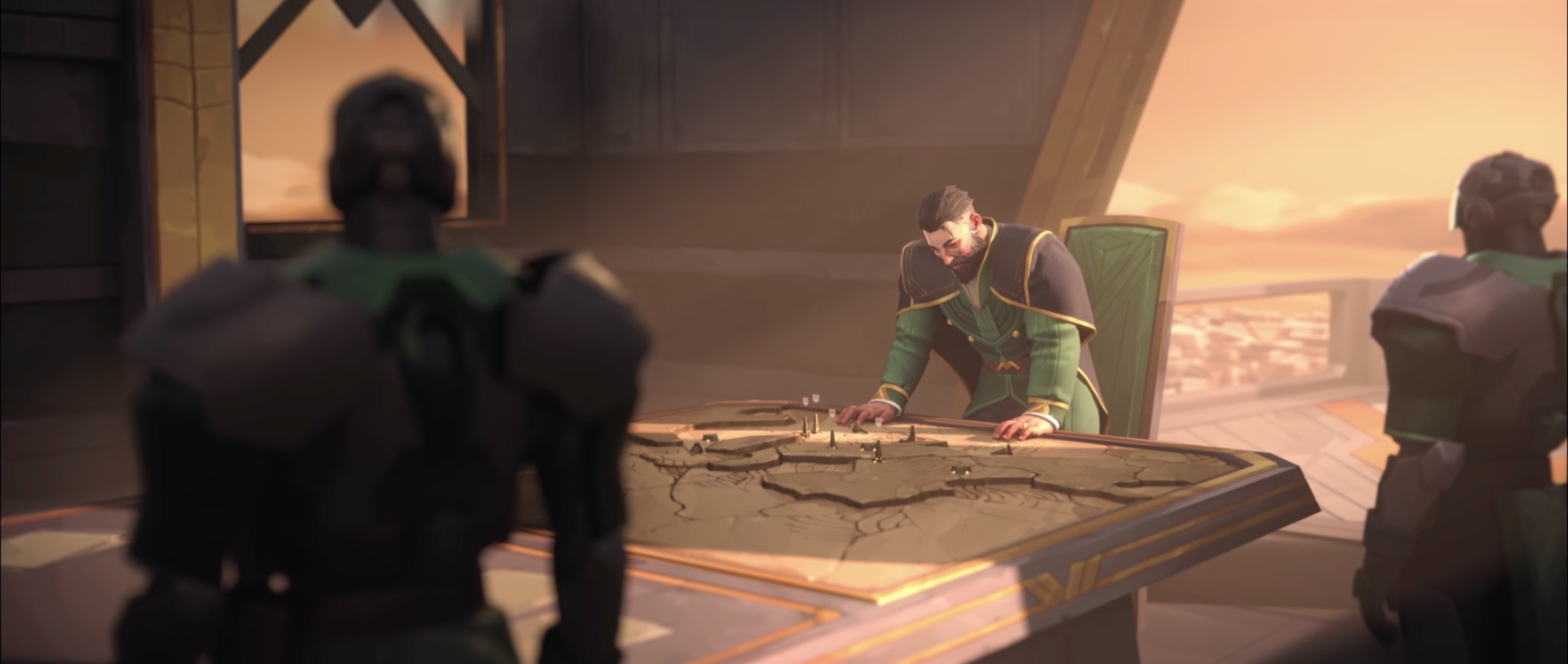 The leader of House Atreides looks over a map table depicting Arrakis in this Dune: Spice Wars screen shot.