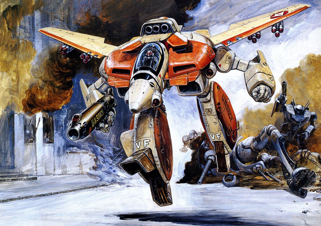 The VF-1D Valkyrie from the original Macross TV series, later used in&nbsp;Robotech. Art by Yoshiyuki Takani.