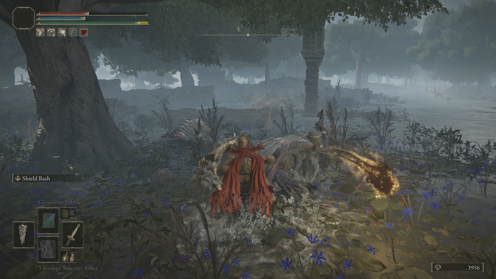 Elden Ring player standing in a swamp while being attacked by a magical projectile