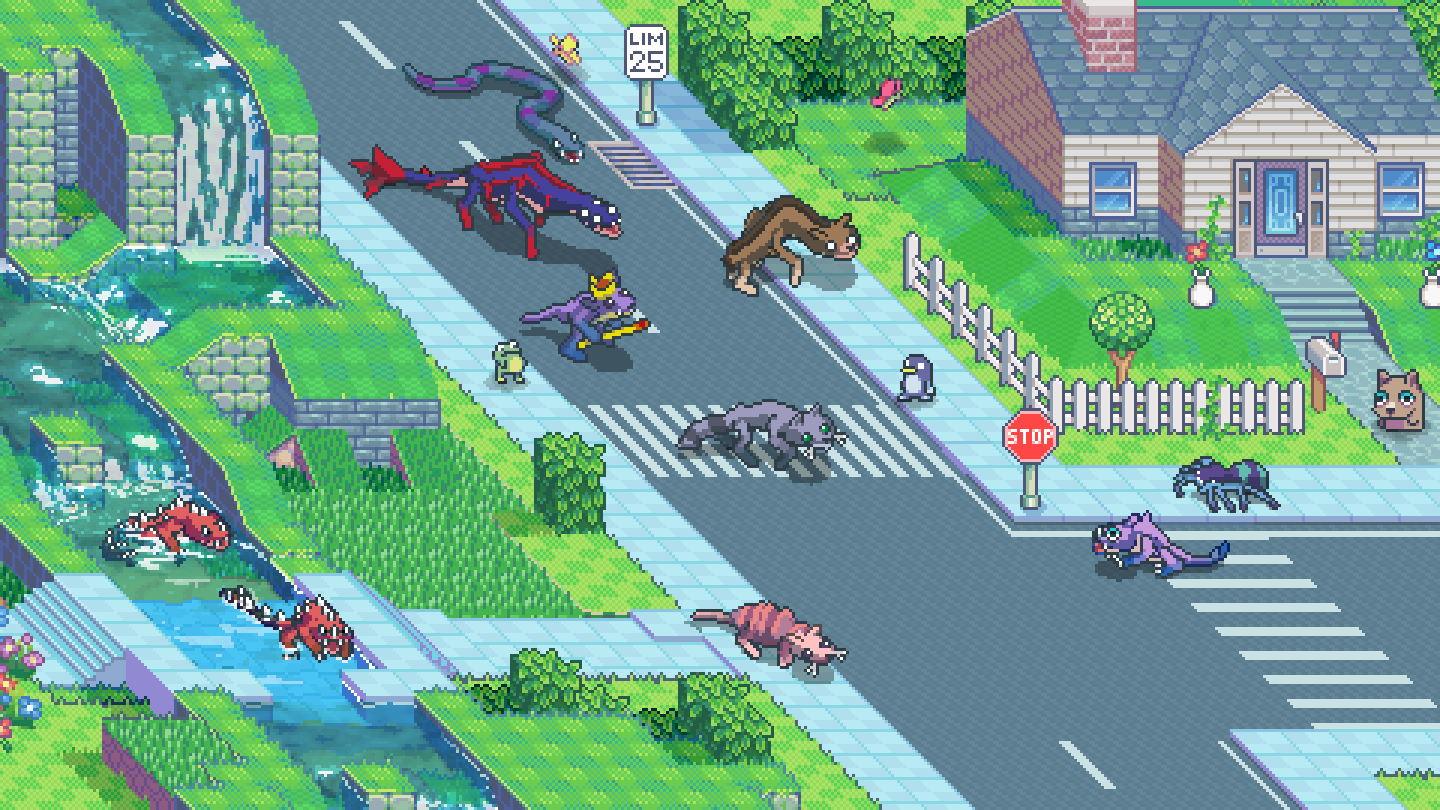 a bunch of fused monsters on an overworld. the game has pixelated graphics and the overworld looks like a quaint neighborhood