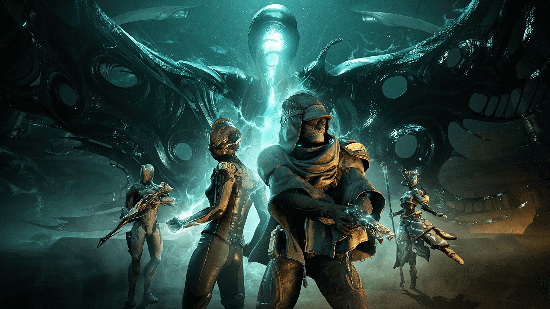 Warframe - Key art for Angels of the Zariman, showing a selection of Warframes and support characters against an eerie teal background