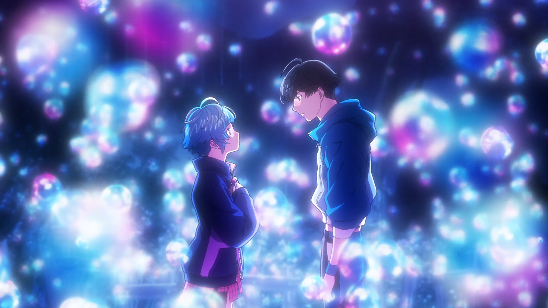 Hibiki and Uta face each other in a dense field of blue and purple bubbles in the anime movie Bubble