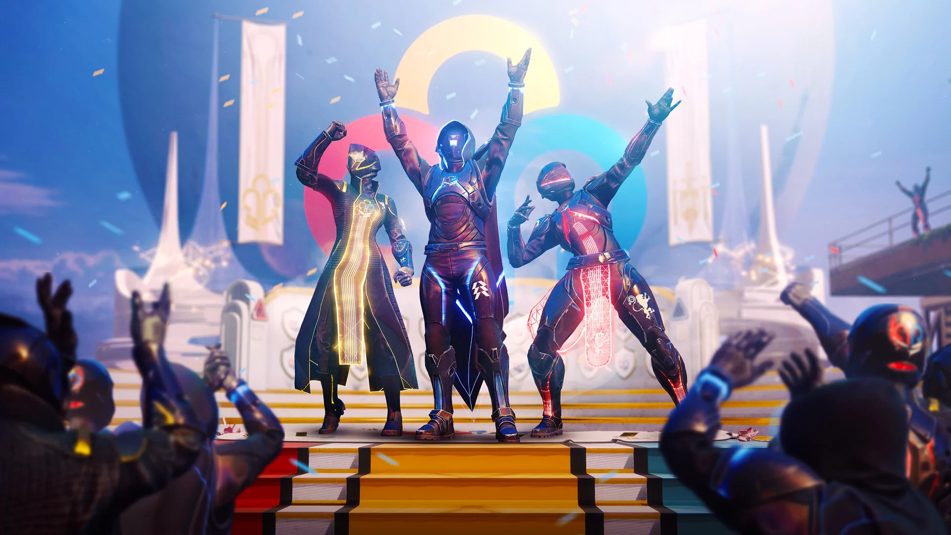 Destiny 2 Guardian classes standing on a podium celebrating