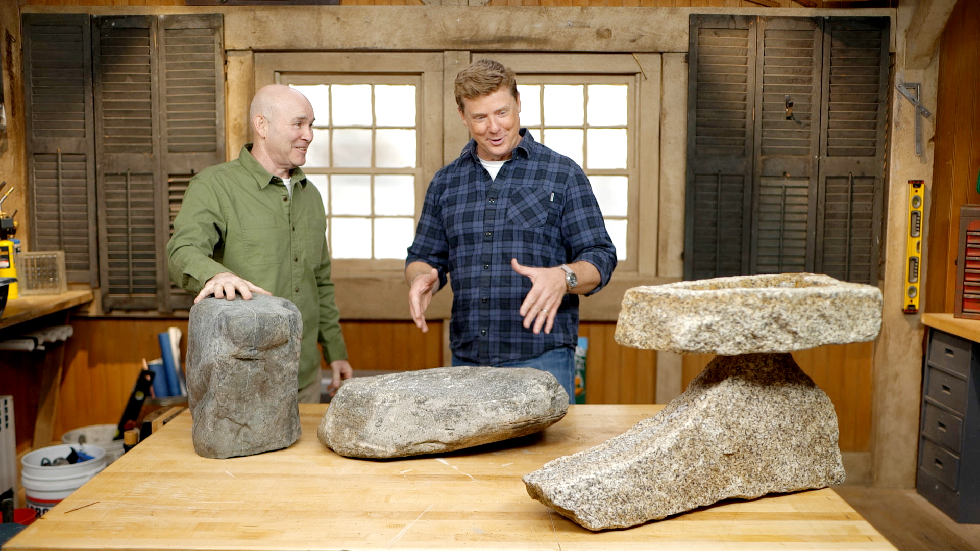Mark McCullough teaches Kevin O’Connor how to build a stone bird bath