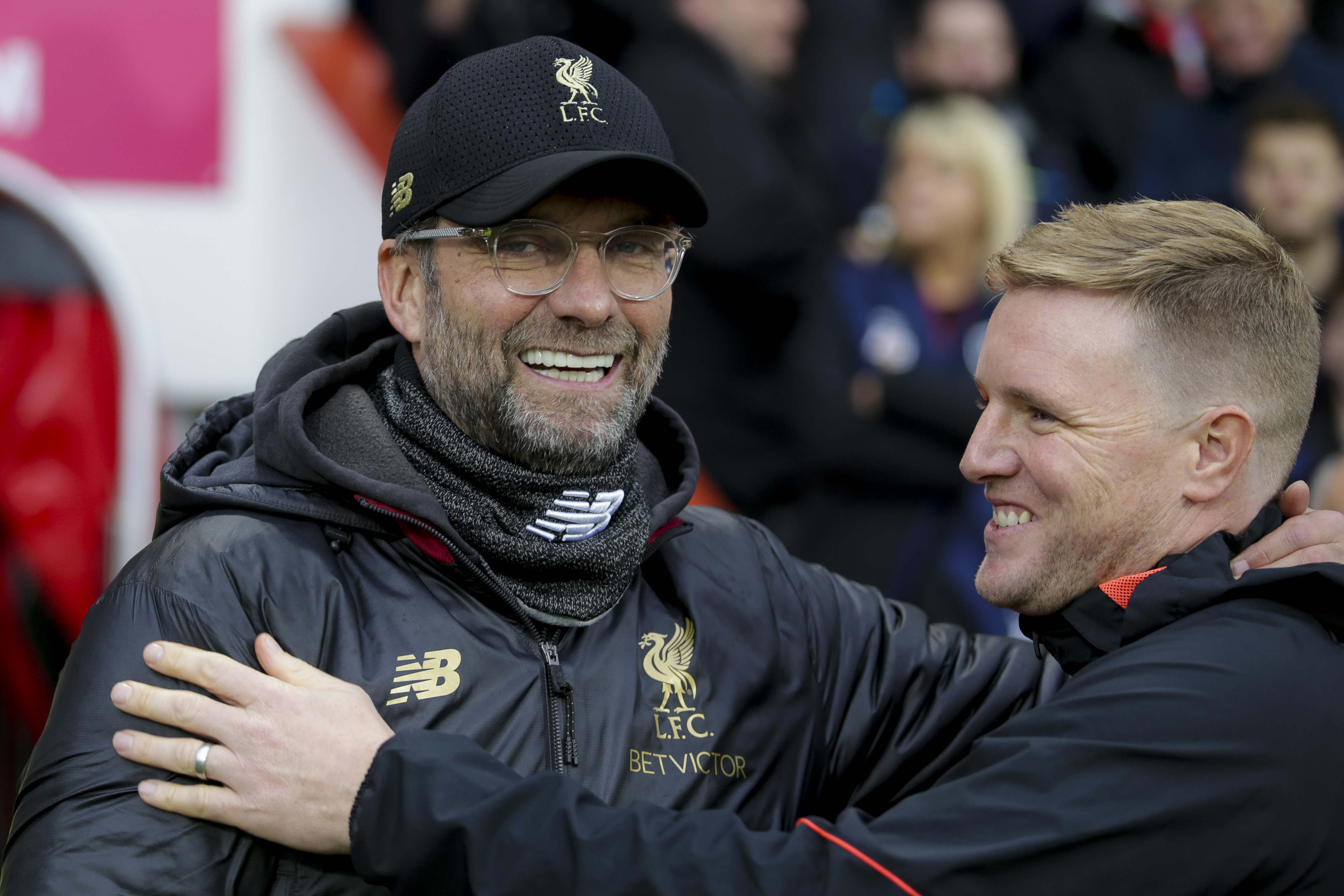 Liverpool manager Jurgen Klopp with then-Bournemouth manager Eddie Howe before the Premier League match between Bournemouth and Liverpool at Vitality Stadium on December 8, 2018 