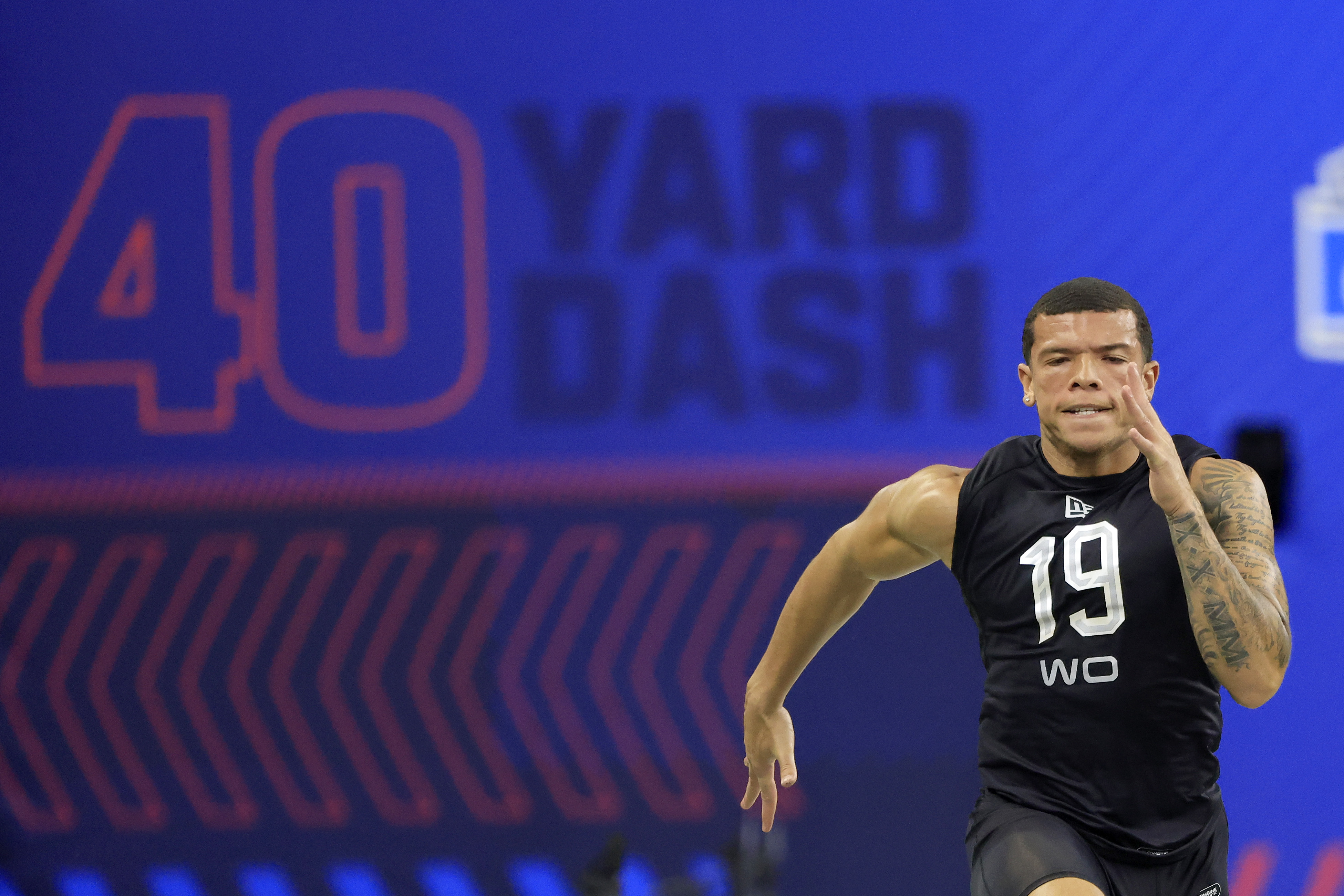 Skyy Moore #WO19 of Western Michigan runs the 40 yard dash during the NFL Combine at Lucas Oil Stadium on March 03, 2022 in Indianapolis, Indiana.
