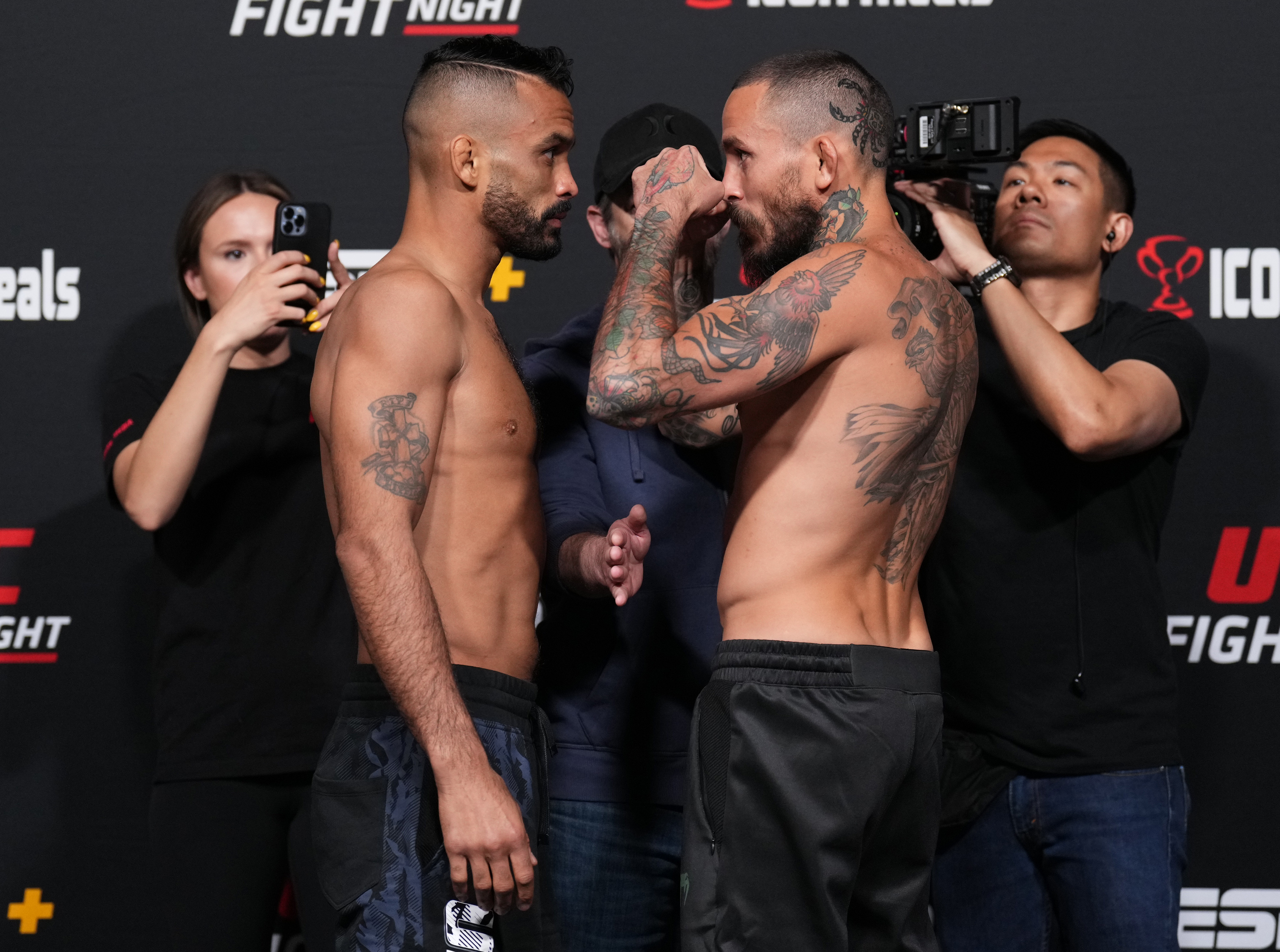 Rob Font and Marlon Vera face off during the UFC weigh-in at UFC APEX on April 29, 2022 in Las Vegas, Nevada.