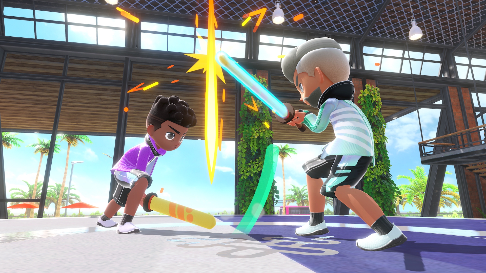 Two players battle with foam swords in chambara, in a screenshot from Nintendo Switch Sports