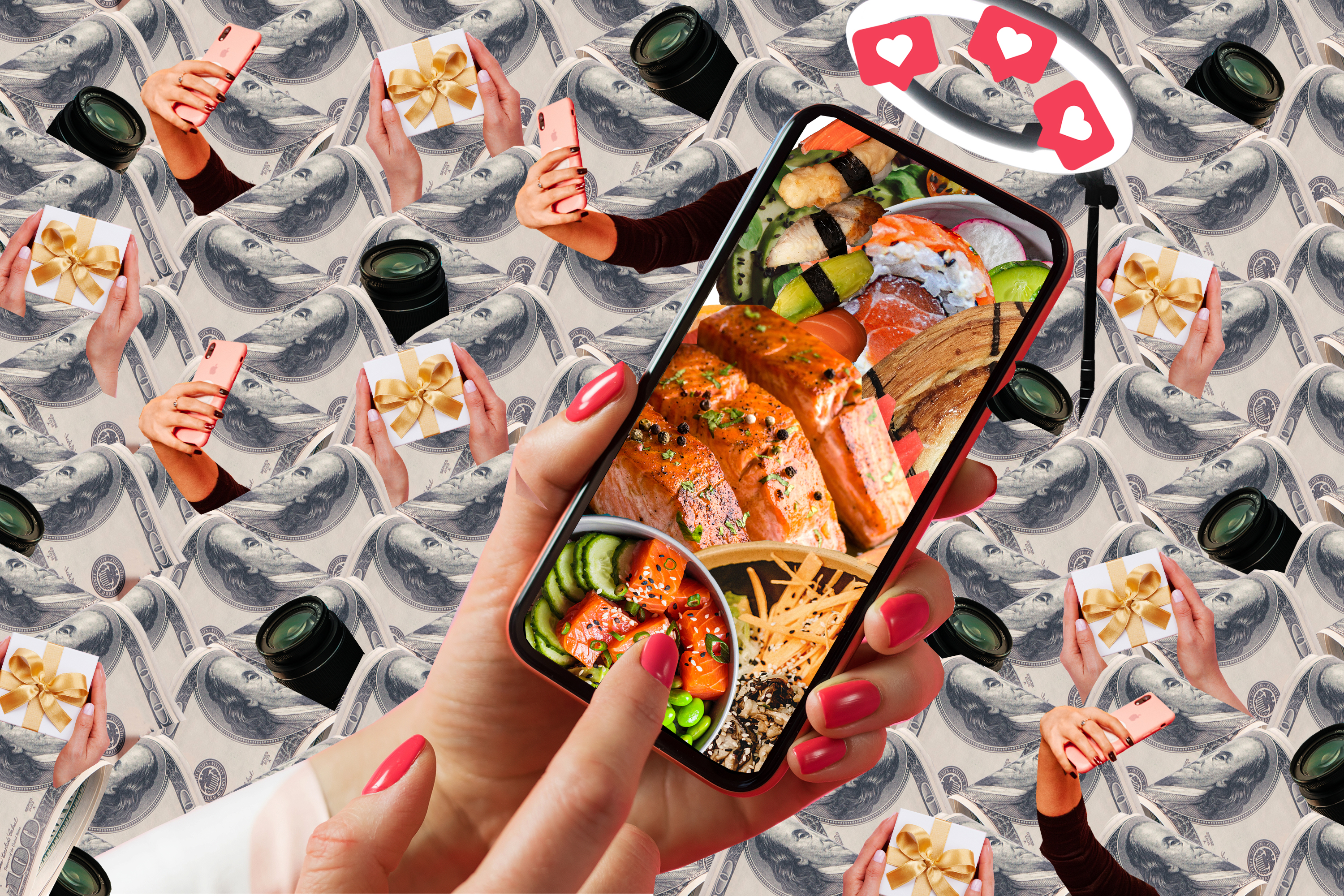 Collage of a hand holding up a smartphone that contains images of sandwiches and poke bowls, over a background of hands holding up smartphones and money.