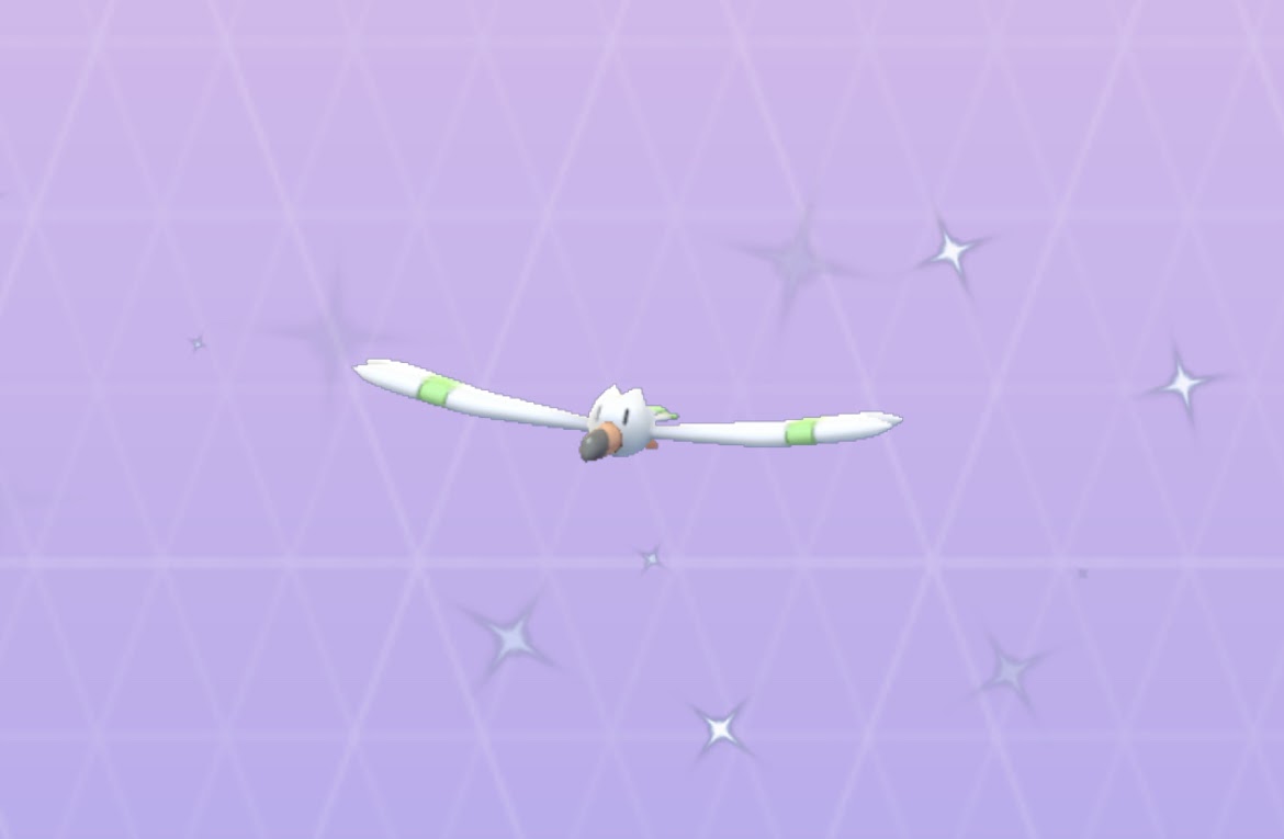 Shiny Wingull on the purple Pokémon Go background