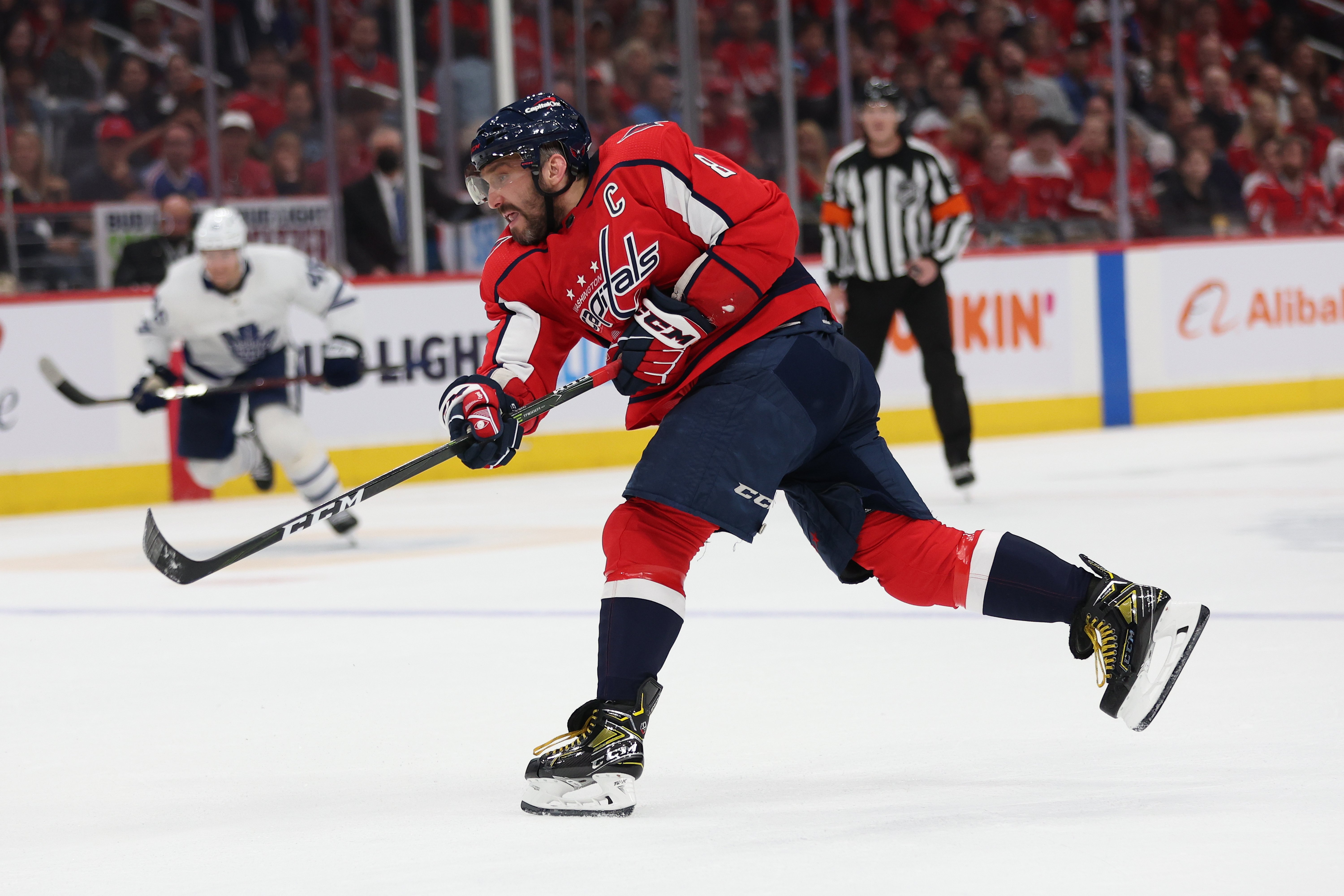 Alex Ovechkin of the Washington Capitals shoots against the Toronto Maple Leafs at Capital One Arena on April 24, 2022 in Washington, DC.