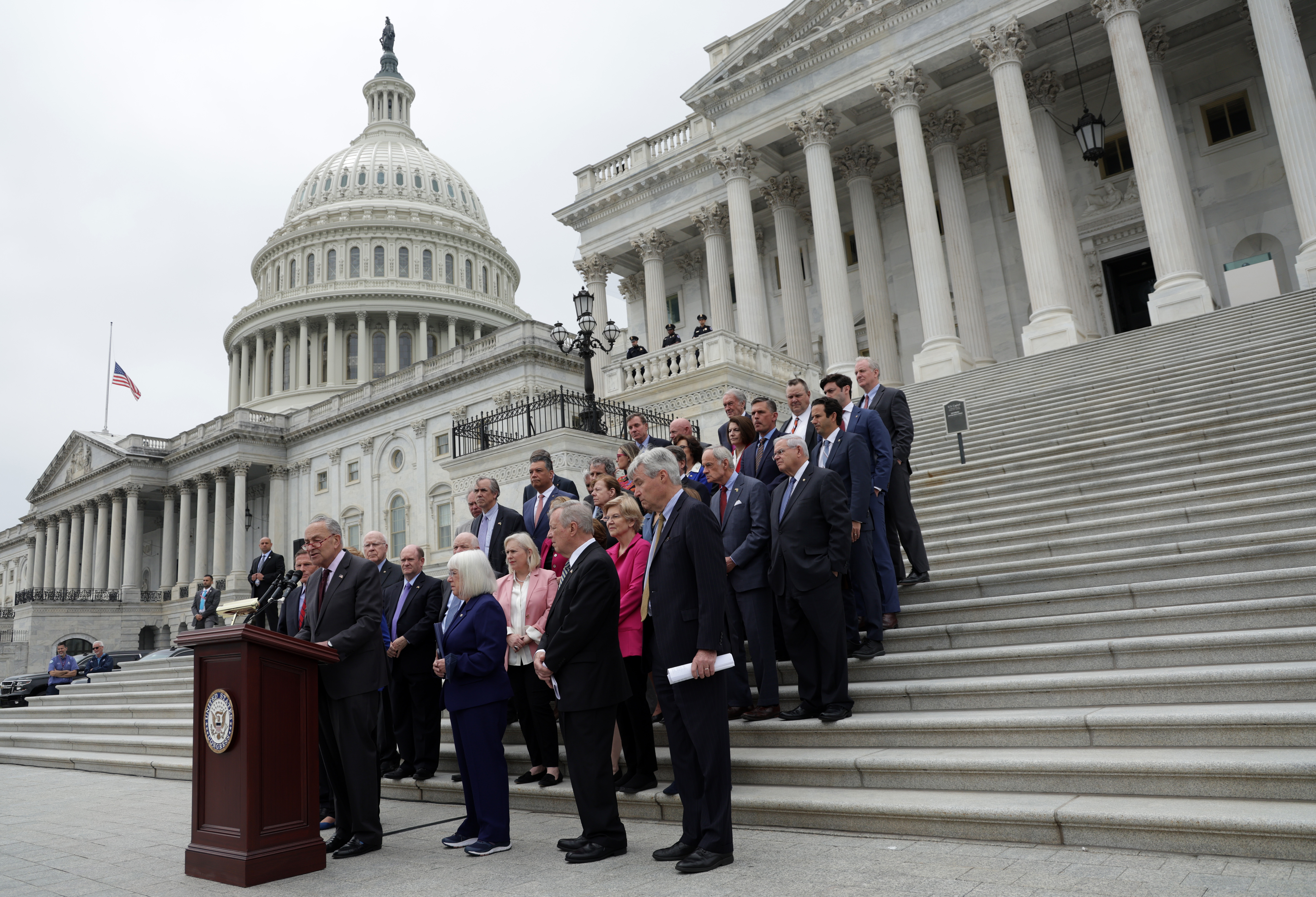 Democratic Senators address the leaked Supreme Court draft decision to overturn Roe v. Wade on the steps of the U.S. Senate at the U.S. Capitol