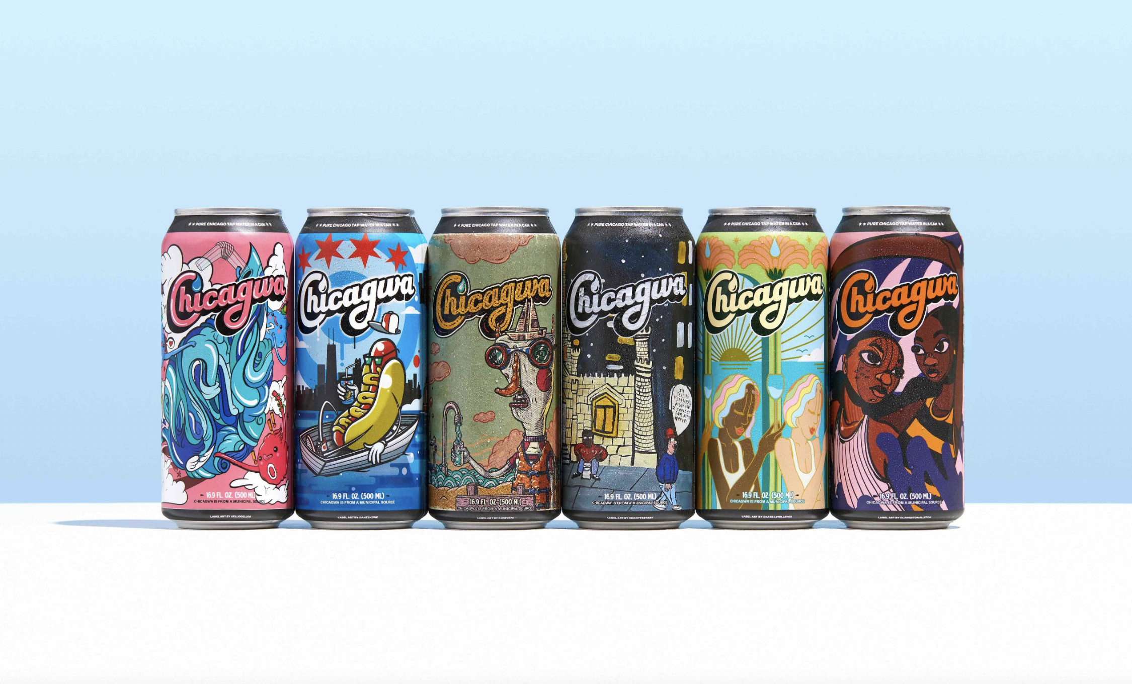 A row of six cans with colorful labels.