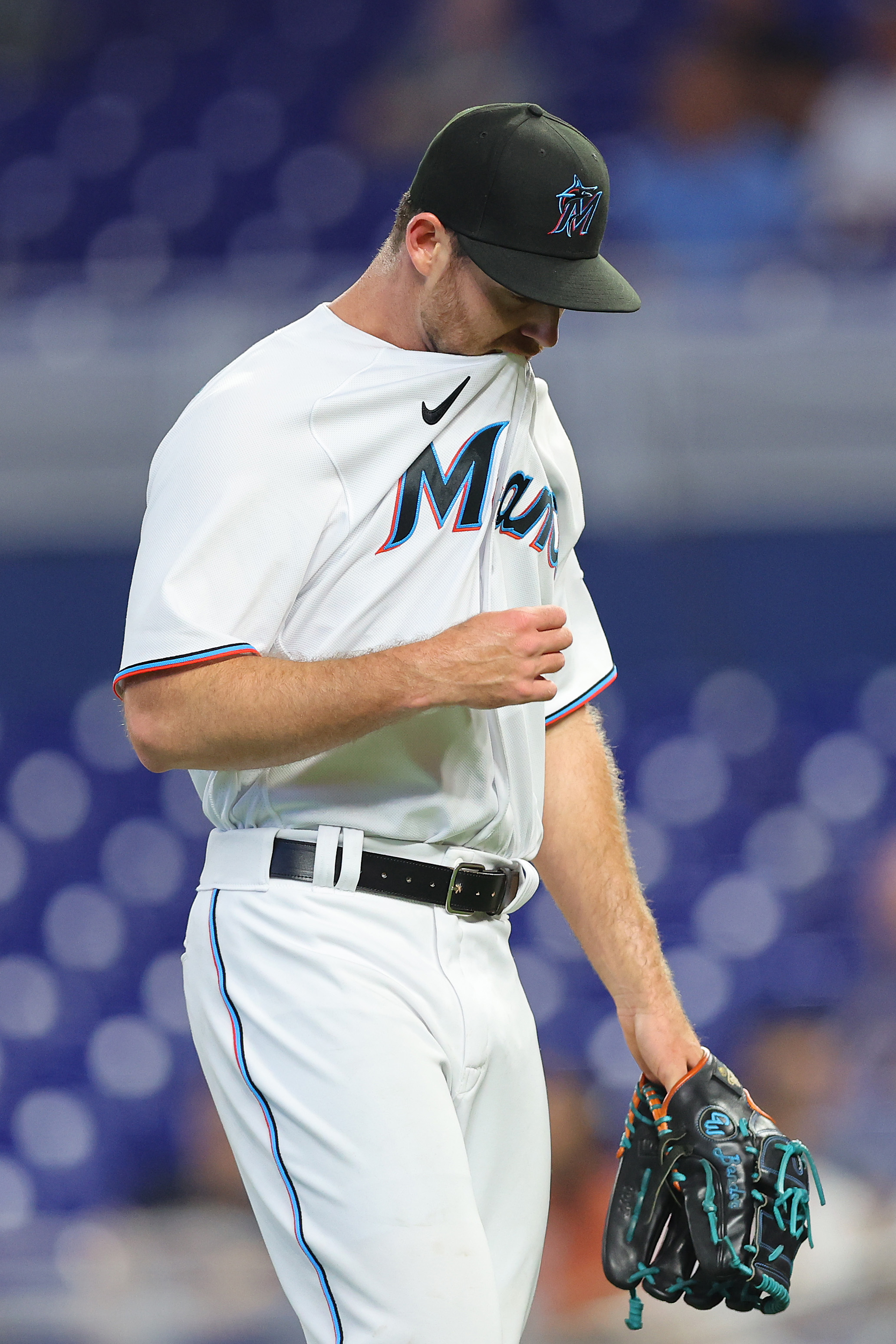 Anthony Bender #55 of the Miami Marlins reacts after allowing a home run to Pavin Smith #26 of the Arizona Diamondbacks (not pictured) during the ninth inning at loanDepot park