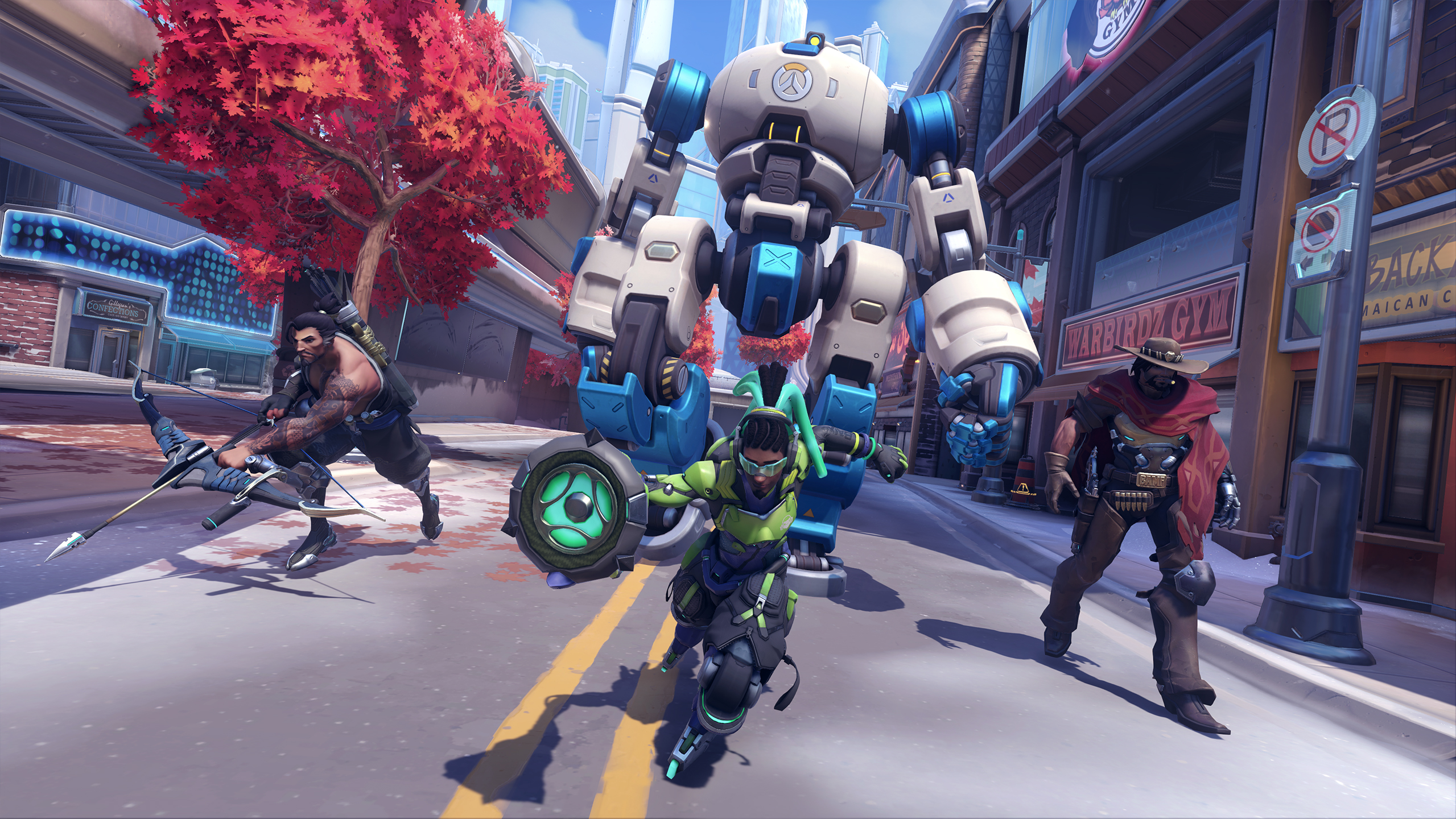 overwatch heroes defending in front of the Push robot in the new Push gametype for Overwatch 2